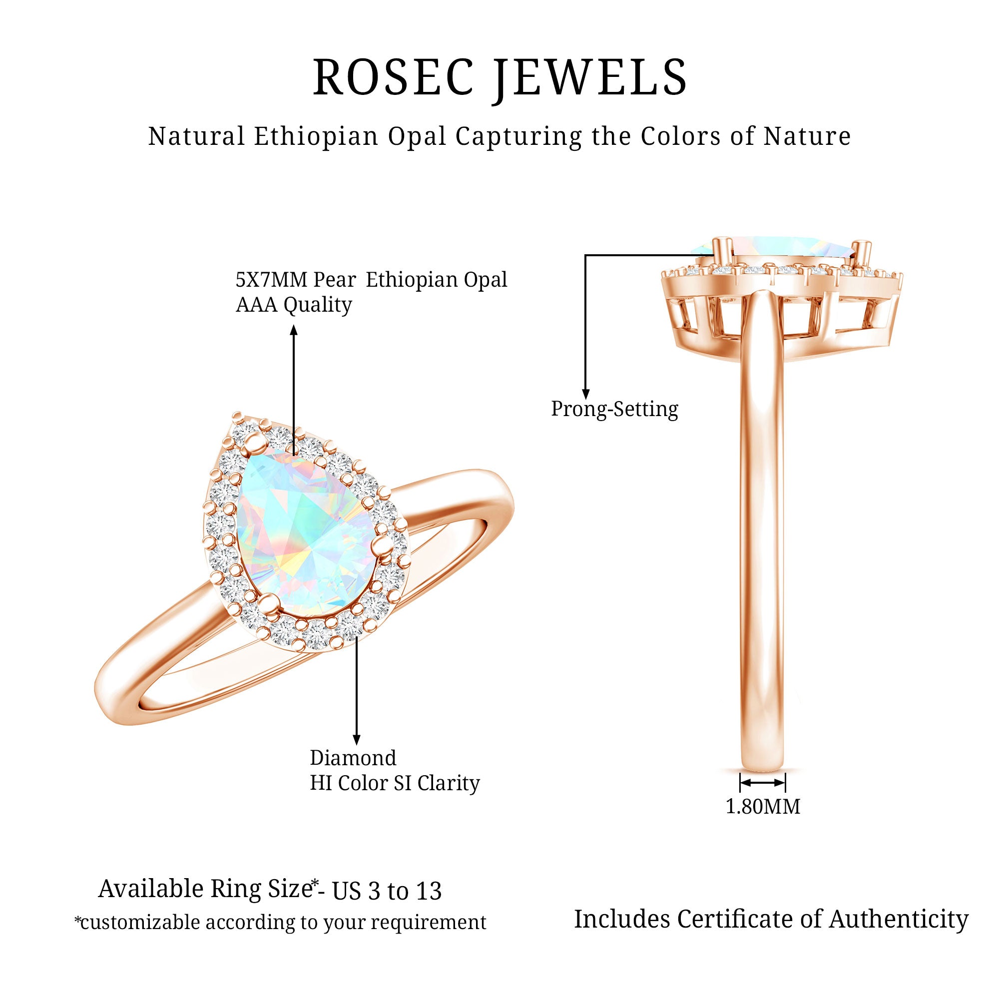 Certified Real 5X7 mm Ethiopian Opal Engagement Ring with Diamond Halo AAA - Rosec Jewels