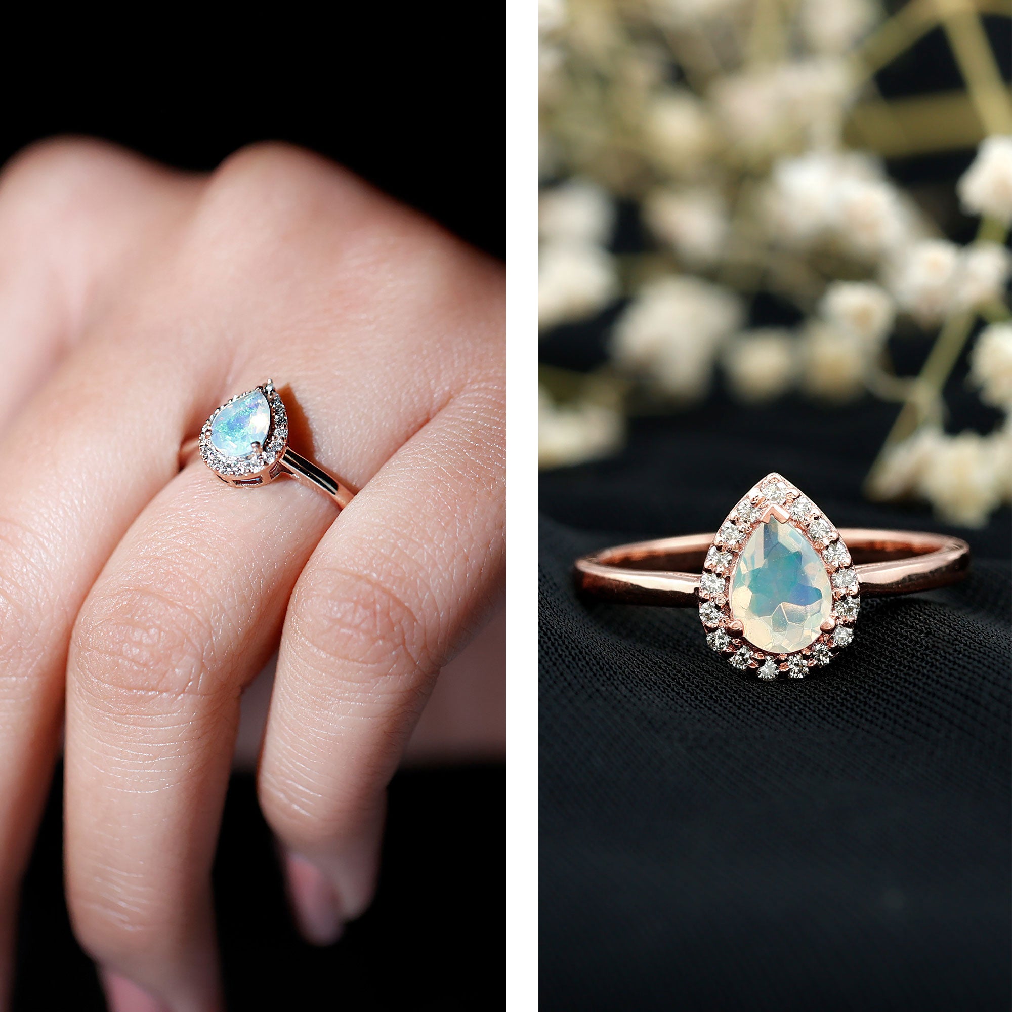Certified Real 5X7 mm Ethiopian Opal Engagement Ring with Diamond Halo AAA - Rosec Jewels