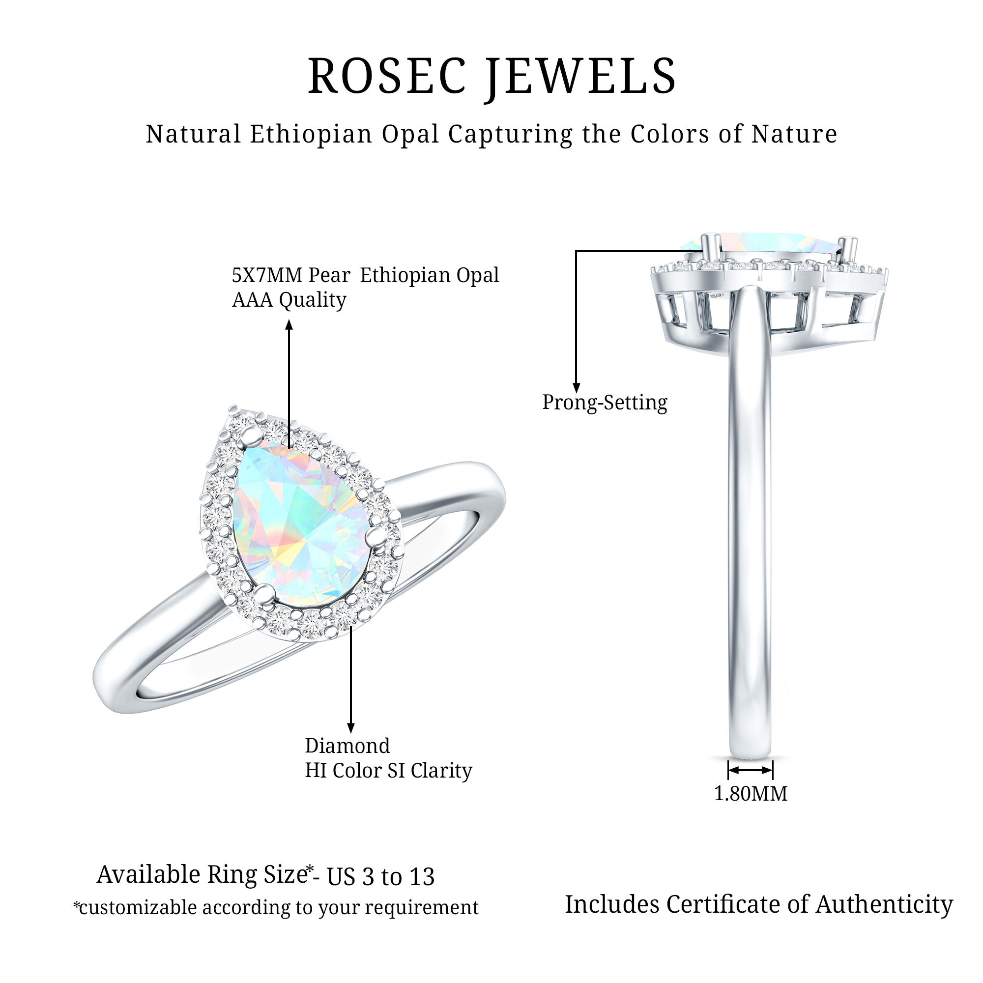 Certified Real 5X7 mm Ethiopian Opal Engagement Ring with Diamond Halo AAA - Rosec Jewels