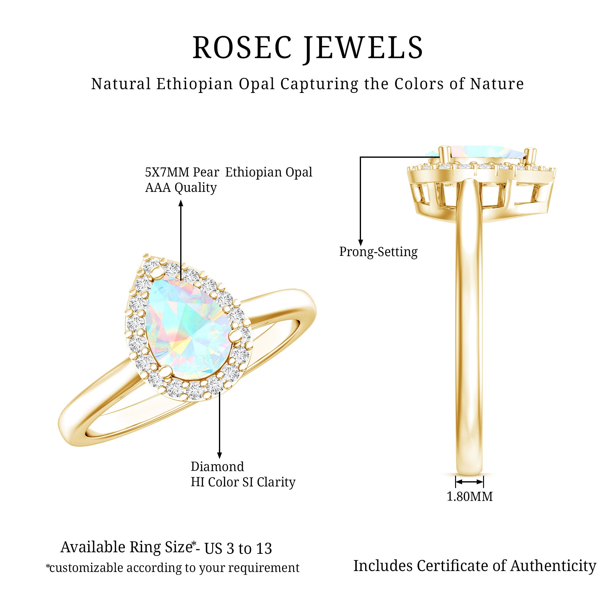 Certified Real 5X7 mm Ethiopian Opal Engagement Ring with Diamond Halo AAA - Rosec Jewels