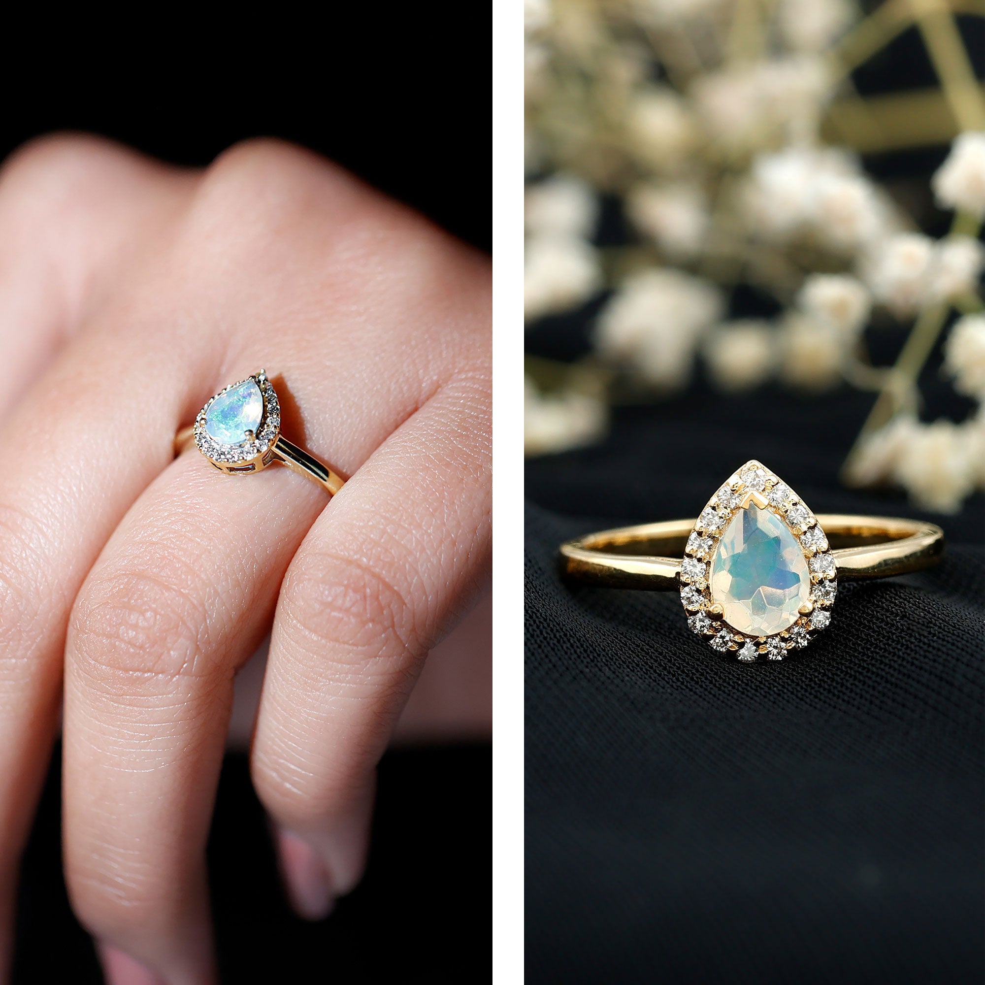 Certified Real 5X7 mm Ethiopian Opal Engagement Ring with Diamond Halo AAA - Rosec Jewels