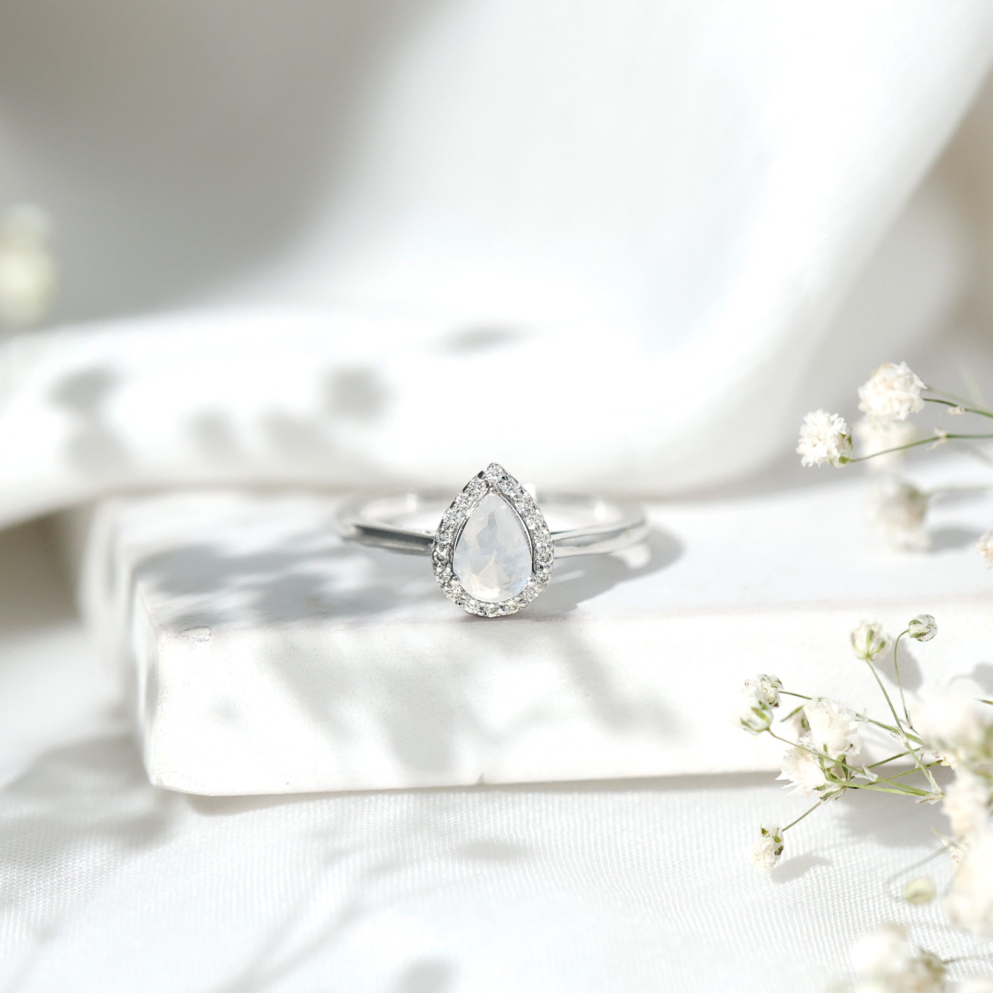 Rosec Jewels-Pear Shaped Moonstone Halo Engagement Ring with Diamond