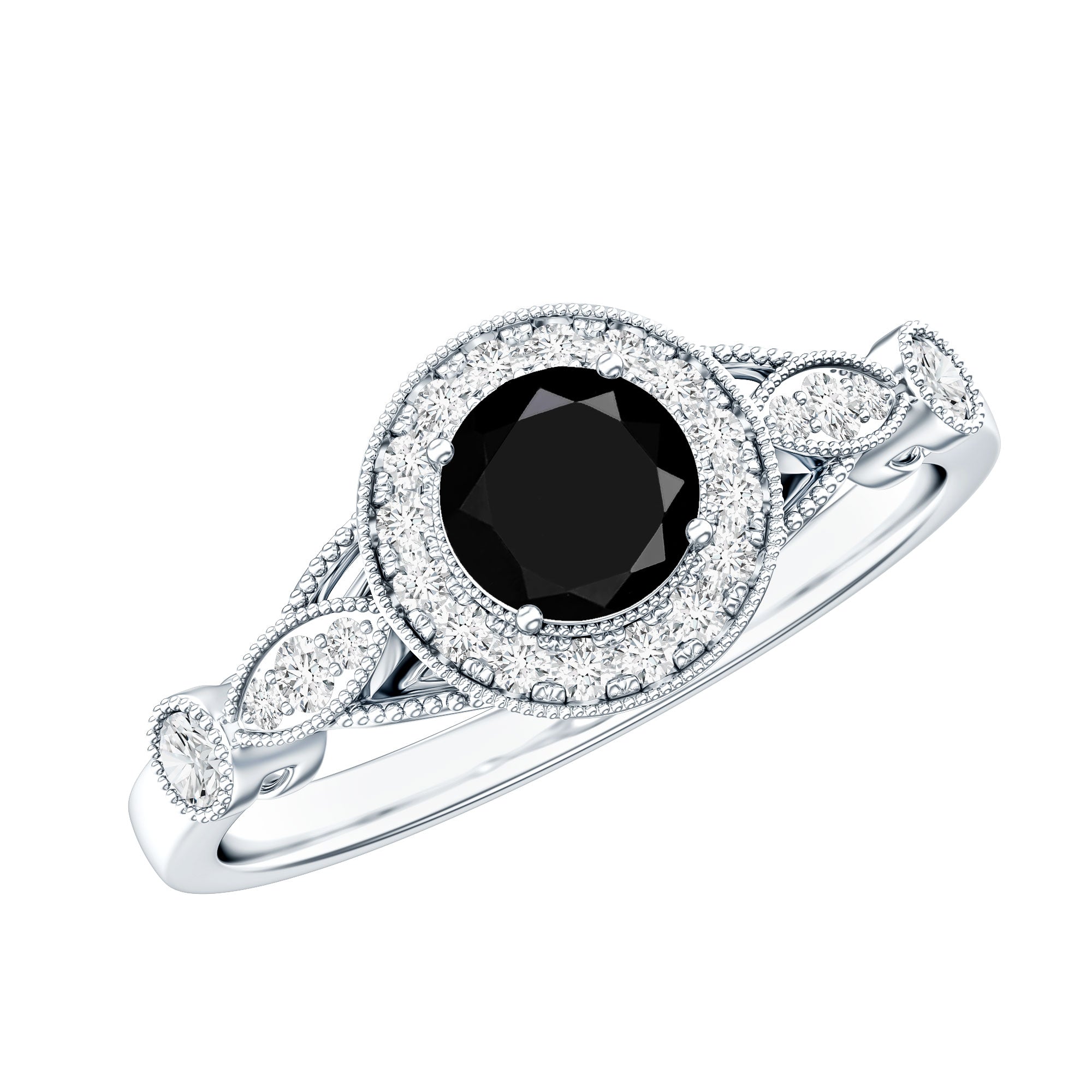 Vintage Inspired 0.8 Carat Lab Grown Black and White Diamond Engagement Ring with Halo AAAA ( Synthetic ) - Rosec Jewels