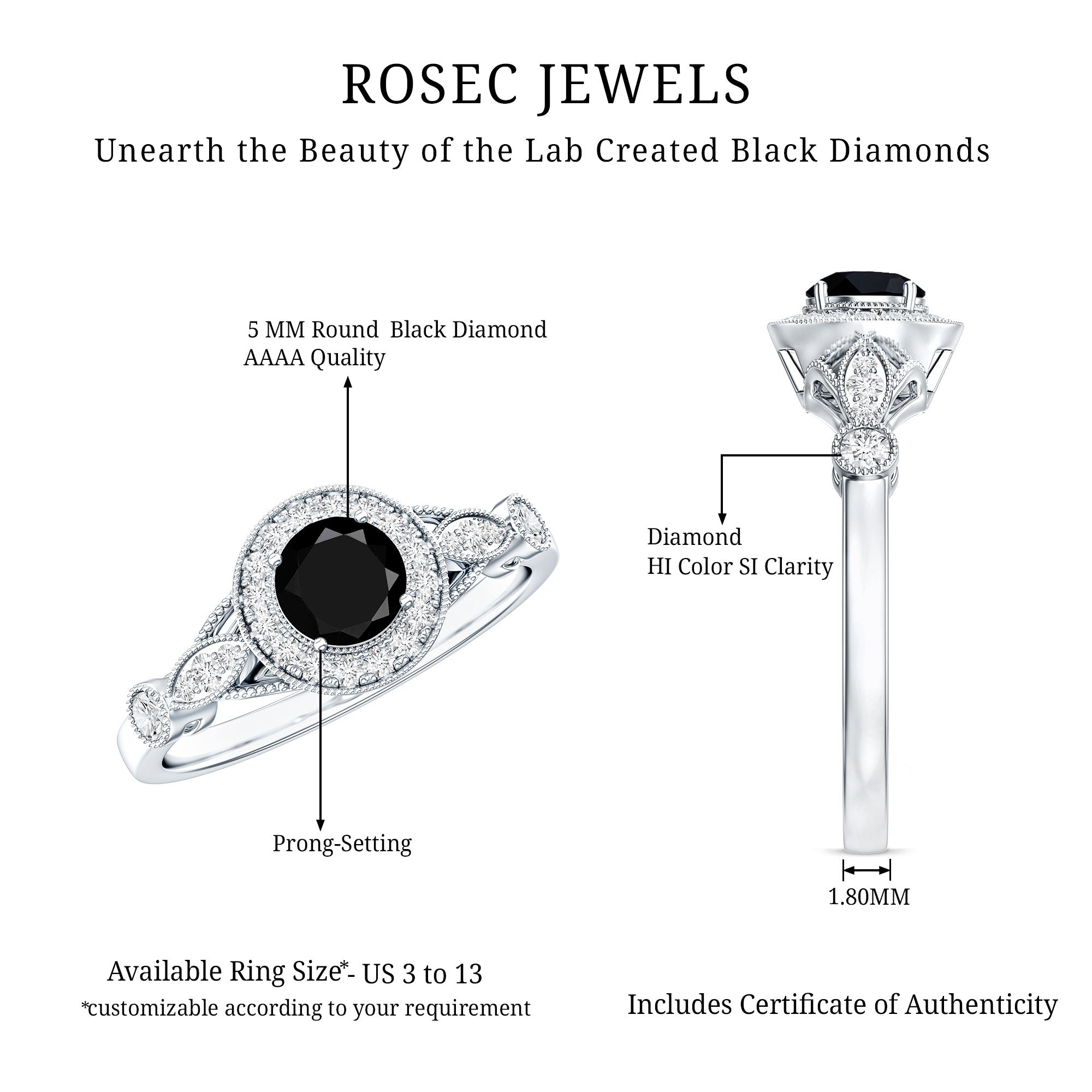 Vintage Inspired 0.8 Carat Lab Grown Black and White Diamond Engagement Ring with Halo AAAA ( Synthetic ) - Rosec Jewels
