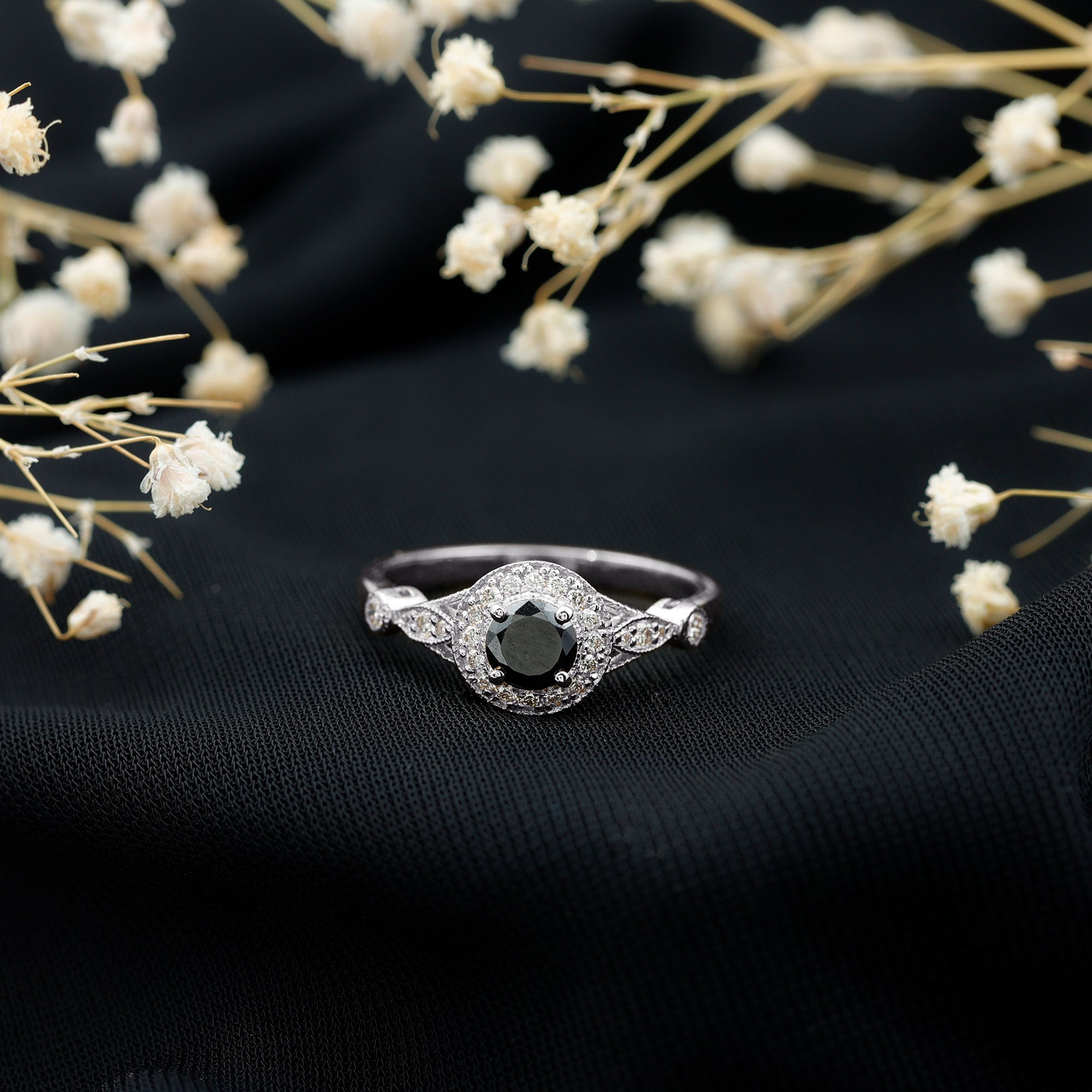 Vintage Inspired 0.8 Carat Lab Grown Black and White Diamond Engagement Ring with Halo AAAA ( Synthetic ) - Rosec Jewels