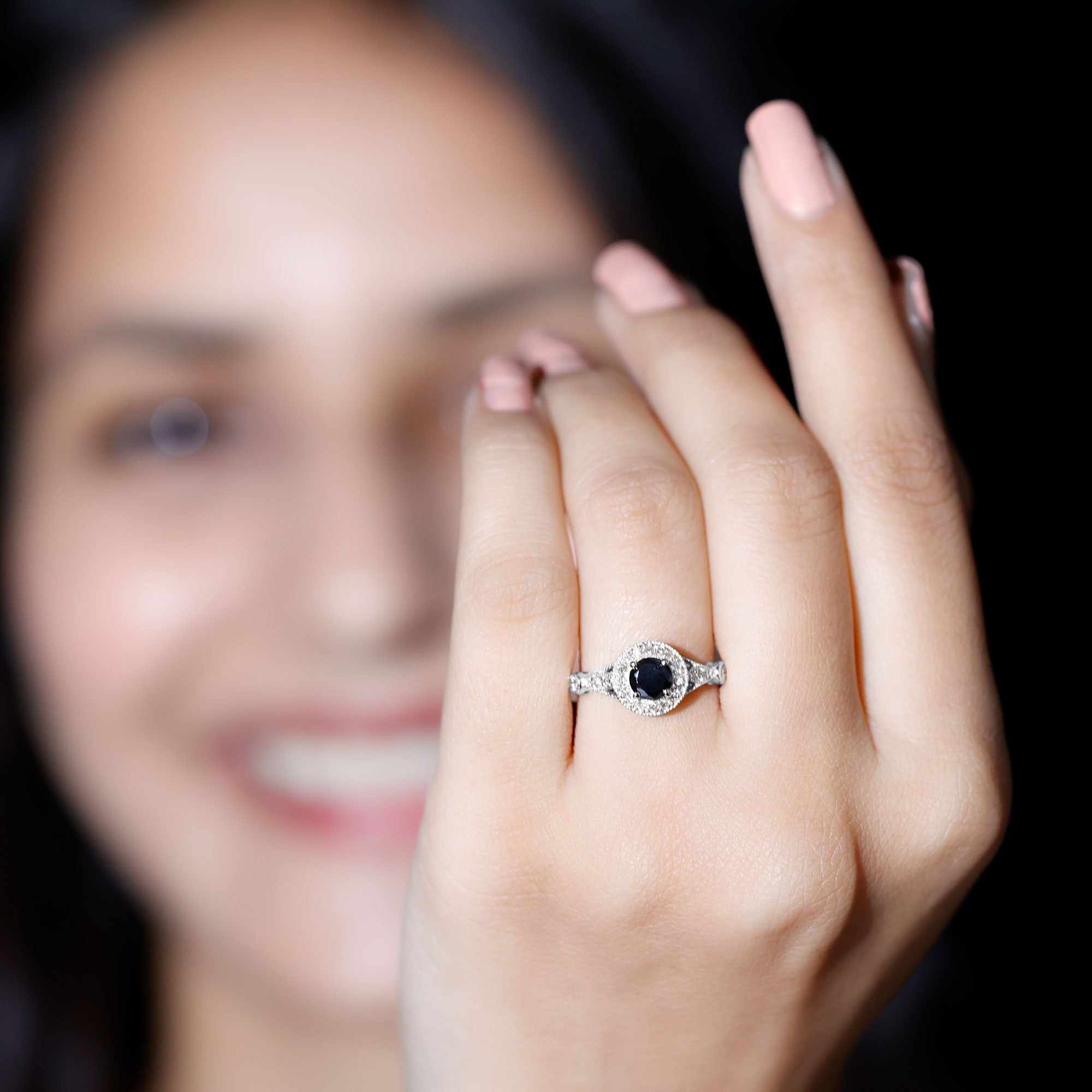 Vintage Inspired 0.8 Carat Lab Grown Black and White Diamond Engagement Ring with Halo AAAA ( Synthetic ) - Rosec Jewels