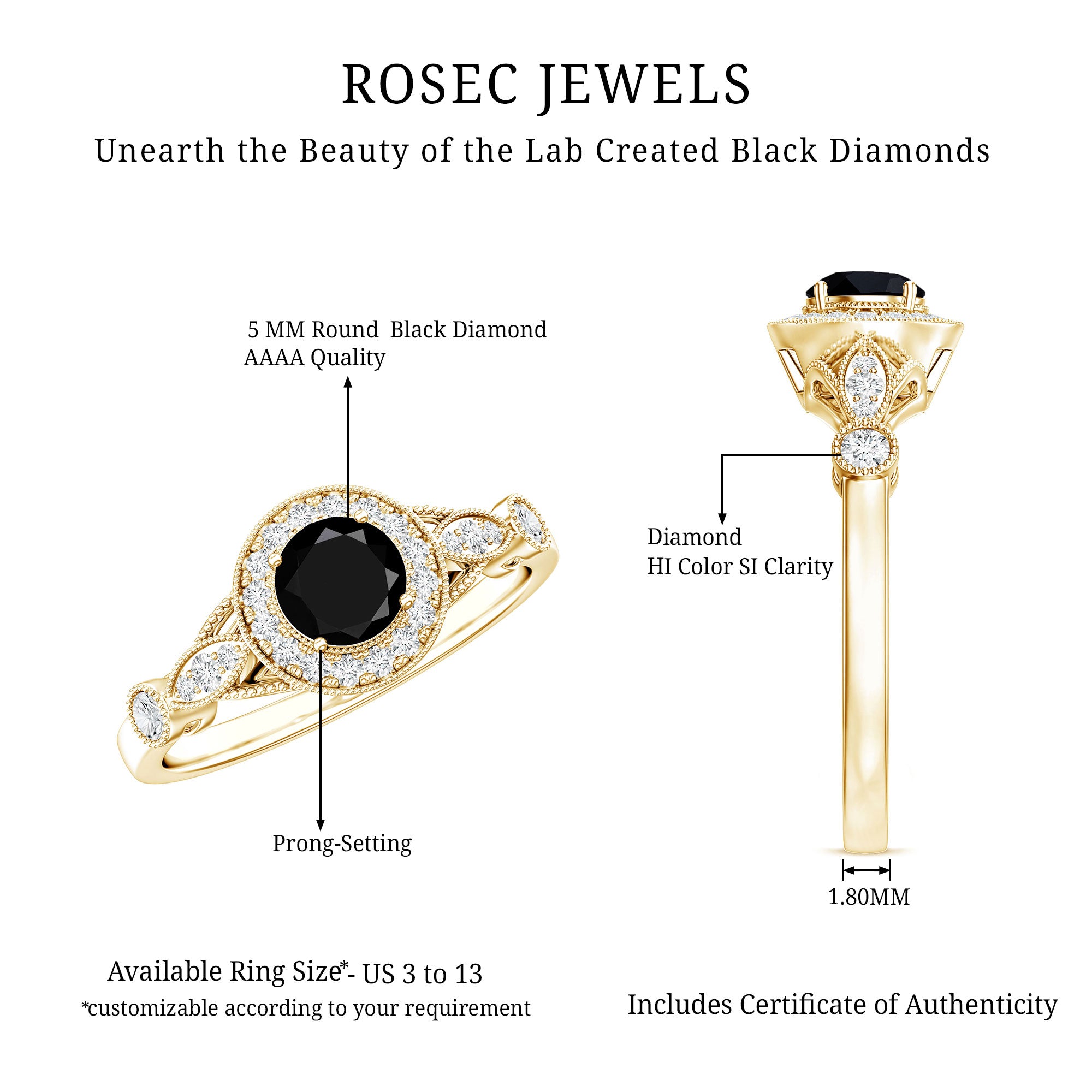 Vintage Inspired 0.8 Carat Lab Grown Black and White Diamond Engagement Ring with Halo AAAA ( Synthetic ) - Rosec Jewels