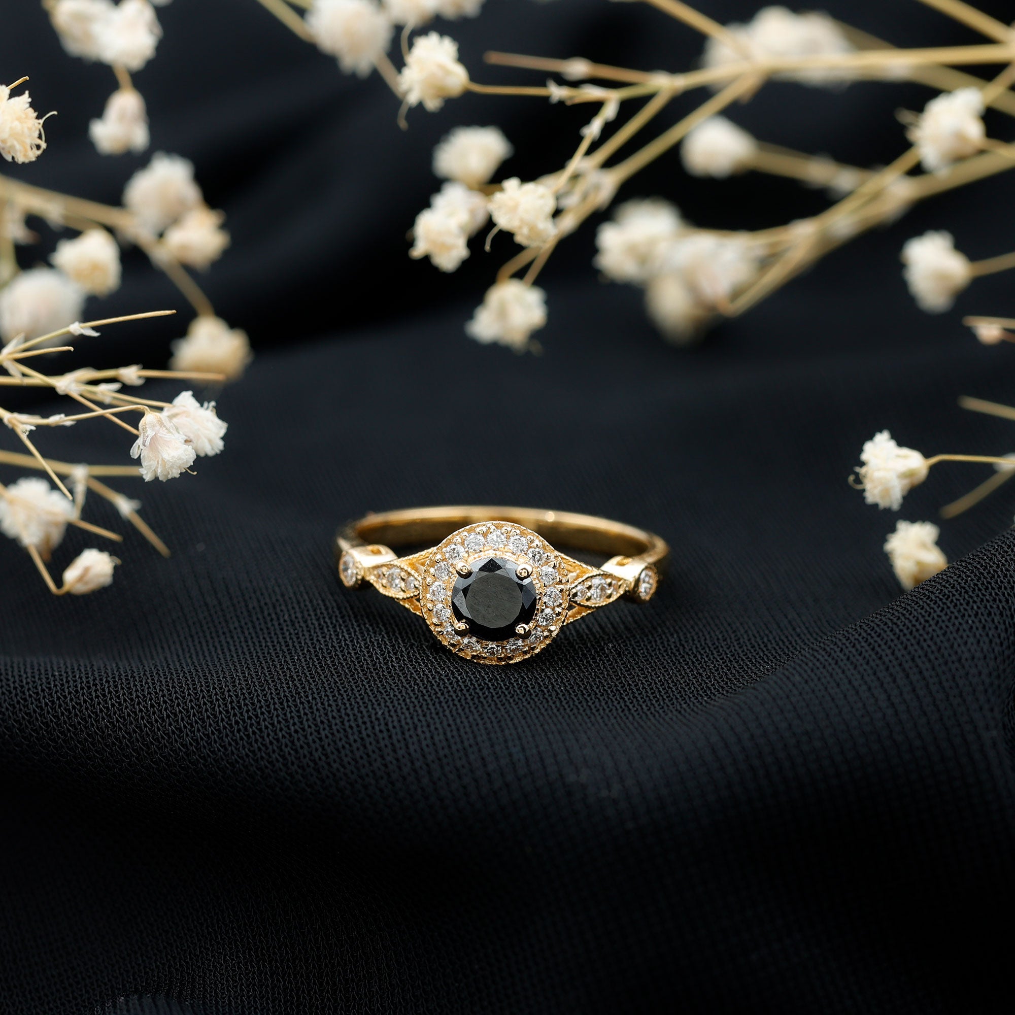 Vintage Inspired 0.8 Carat Lab Grown Black and White Diamond Engagement Ring with Halo AAAA ( Synthetic ) - Rosec Jewels