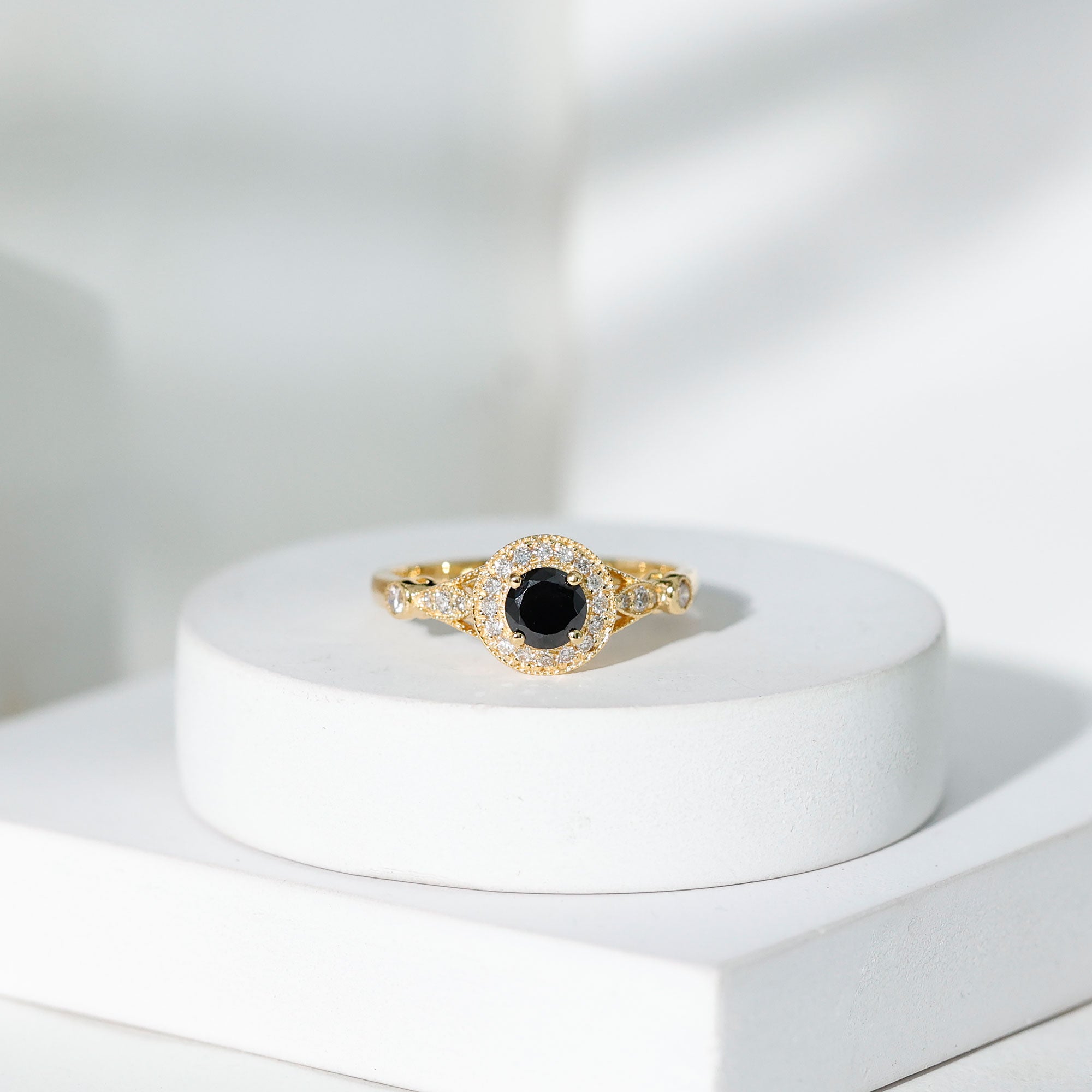 Vintage Inspired 0.8 Carat Lab Grown Black and White Diamond Engagement Ring with Halo AAAA ( Synthetic ) - Rosec Jewels