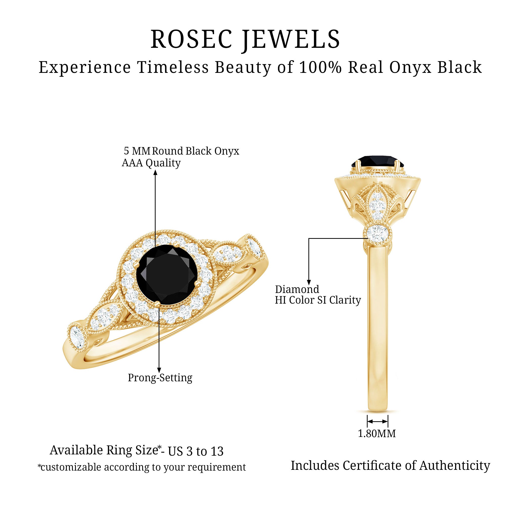 Vintage Inspired Black Onyx and Diamond Engagement Ring AAA - Rosec Jewels
