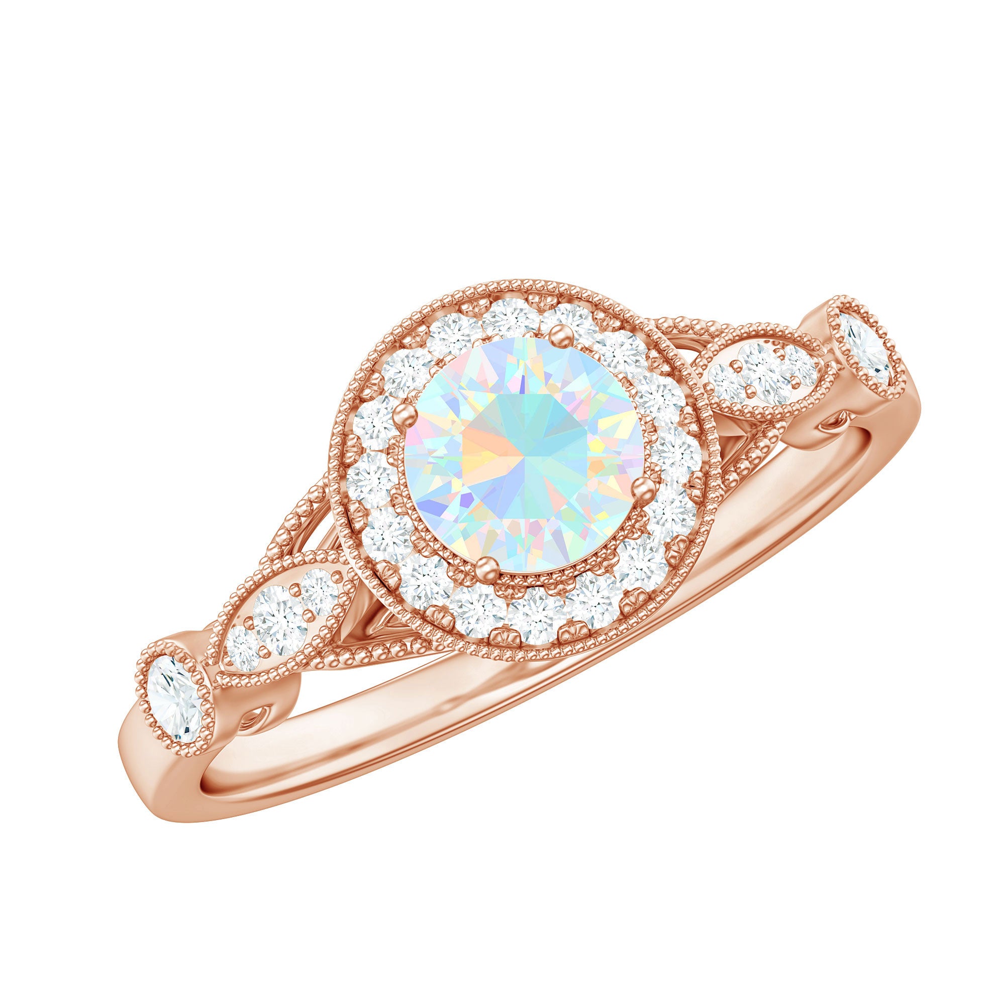 Genuine Ethiopian Opal Antique Looking Engagement Ring with Diamond Halo AAA - Rosec Jewels