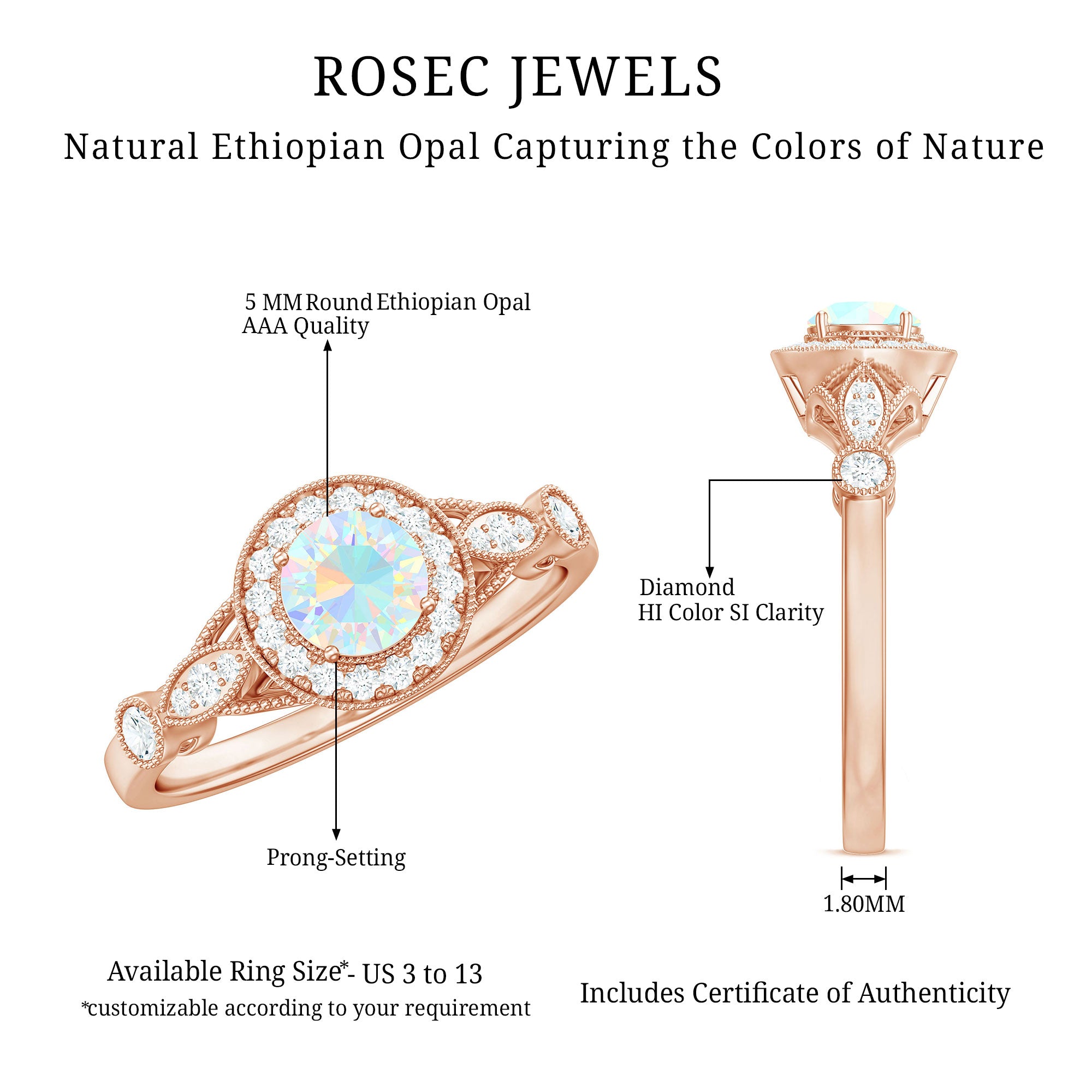 Genuine Ethiopian Opal Antique Looking Engagement Ring with Diamond Halo AAA - Rosec Jewels