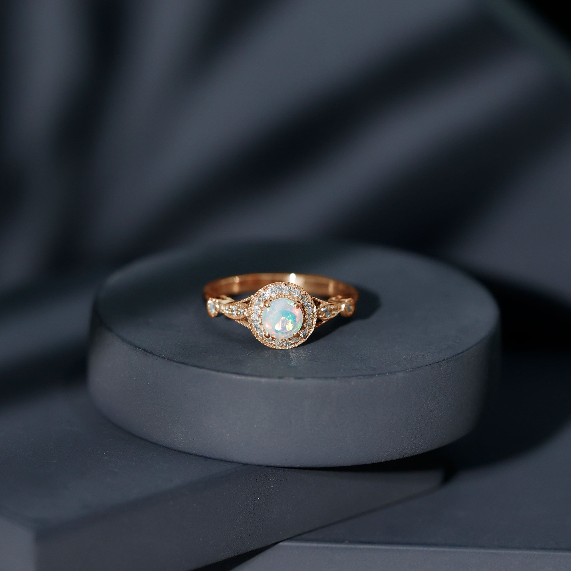 Genuine Ethiopian Opal Antique Looking Engagement Ring with Diamond Halo AAA - Rosec Jewels