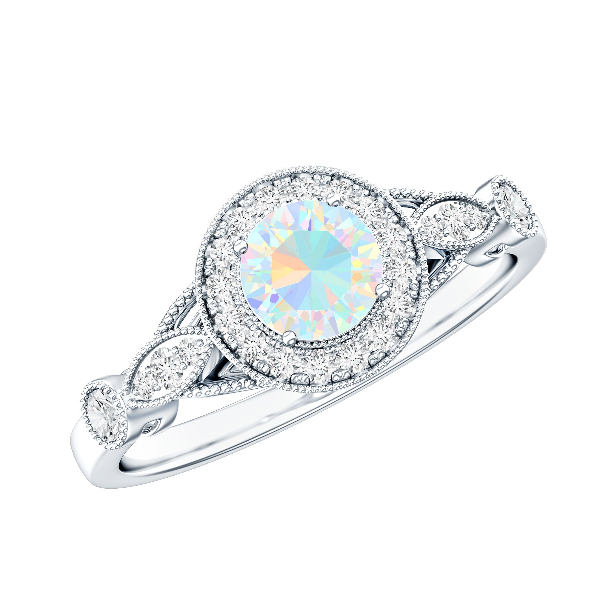 Genuine Ethiopian Opal Antique Looking Engagement Ring with Diamond Halo AAA - Rosec Jewels