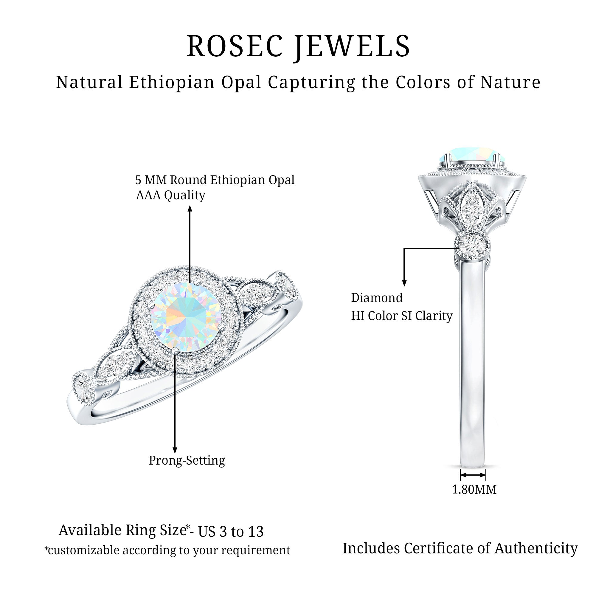 Genuine Ethiopian Opal Antique Looking Engagement Ring with Diamond Halo AAA - Rosec Jewels