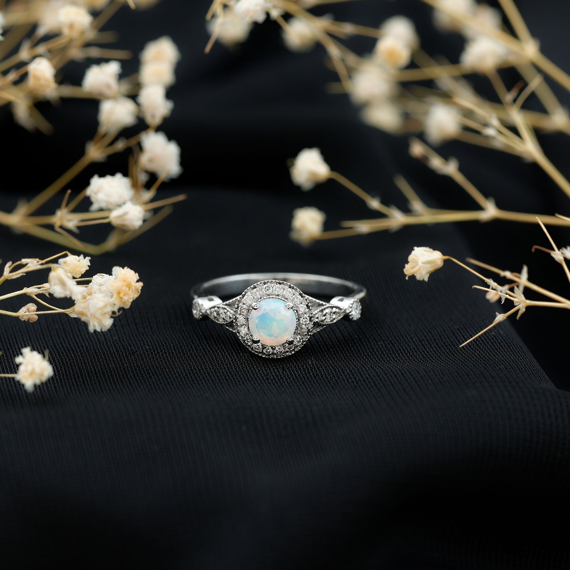 Genuine Ethiopian Opal Antique Looking Engagement Ring with Diamond Halo AAA - Rosec Jewels
