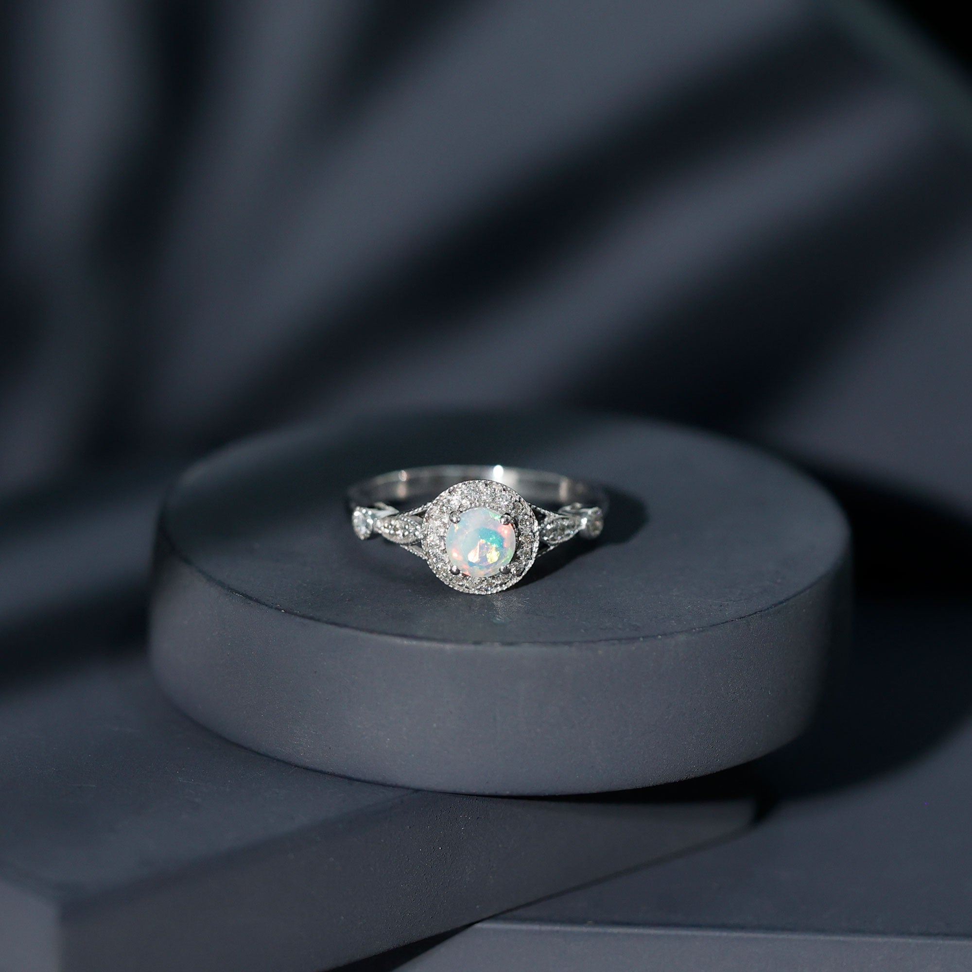 Genuine Ethiopian Opal Antique Looking Engagement Ring with Diamond Halo AAA - Rosec Jewels