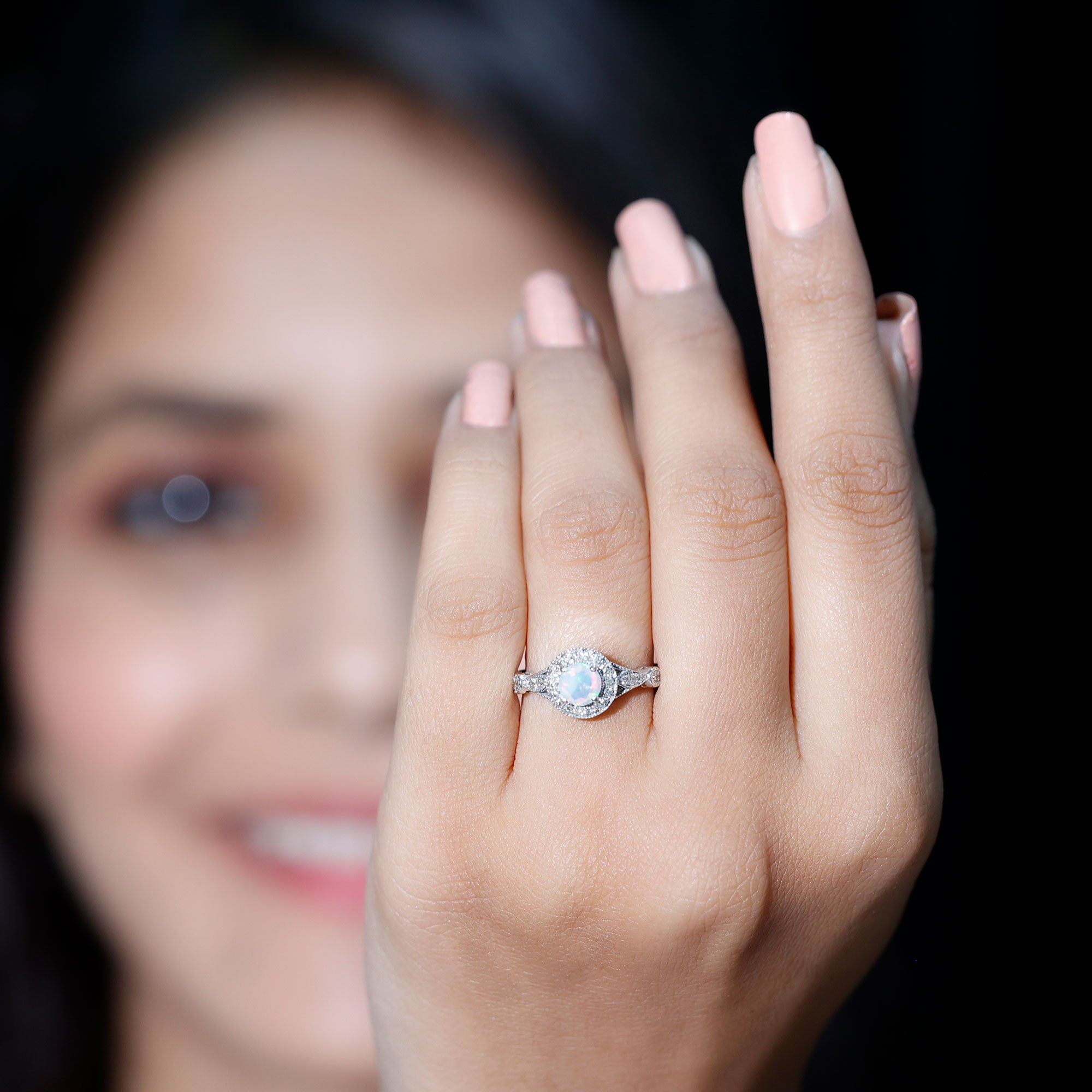 Genuine Ethiopian Opal Antique Looking Engagement Ring with Diamond Halo AAA - Rosec Jewels