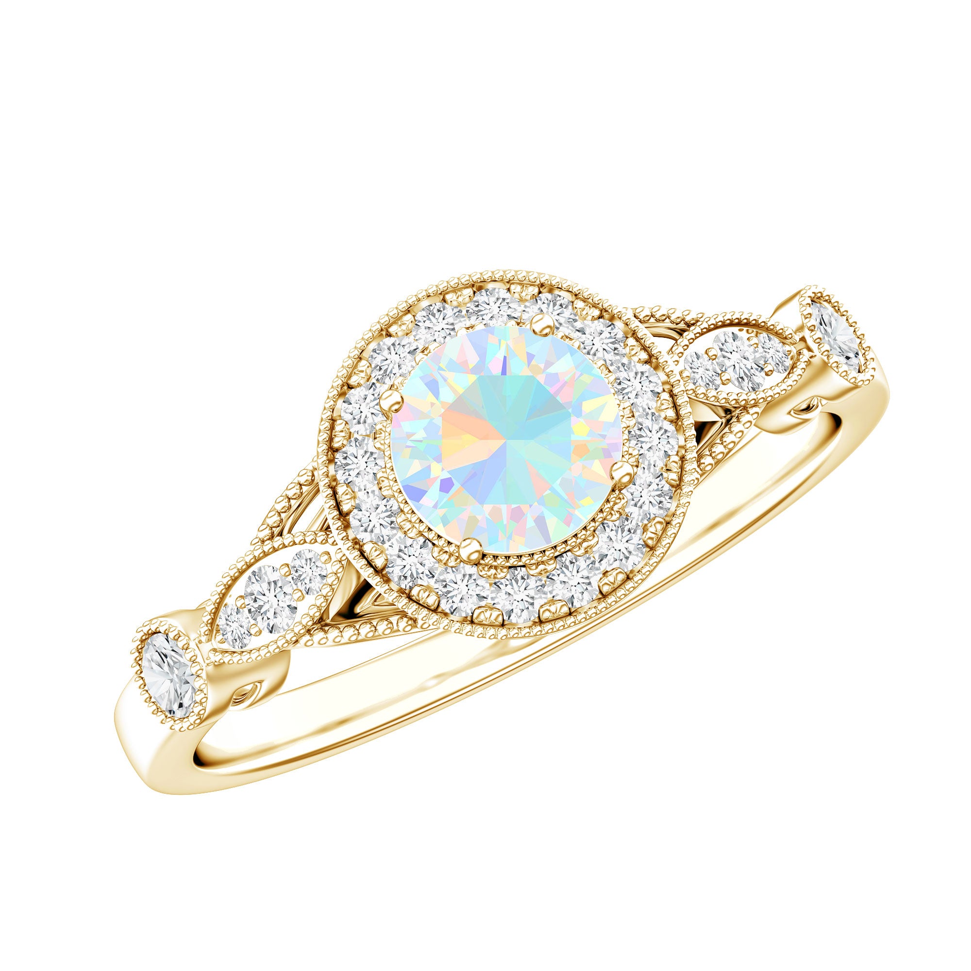 Genuine Ethiopian Opal Antique Looking Engagement Ring with Diamond Halo AAA - Rosec Jewels