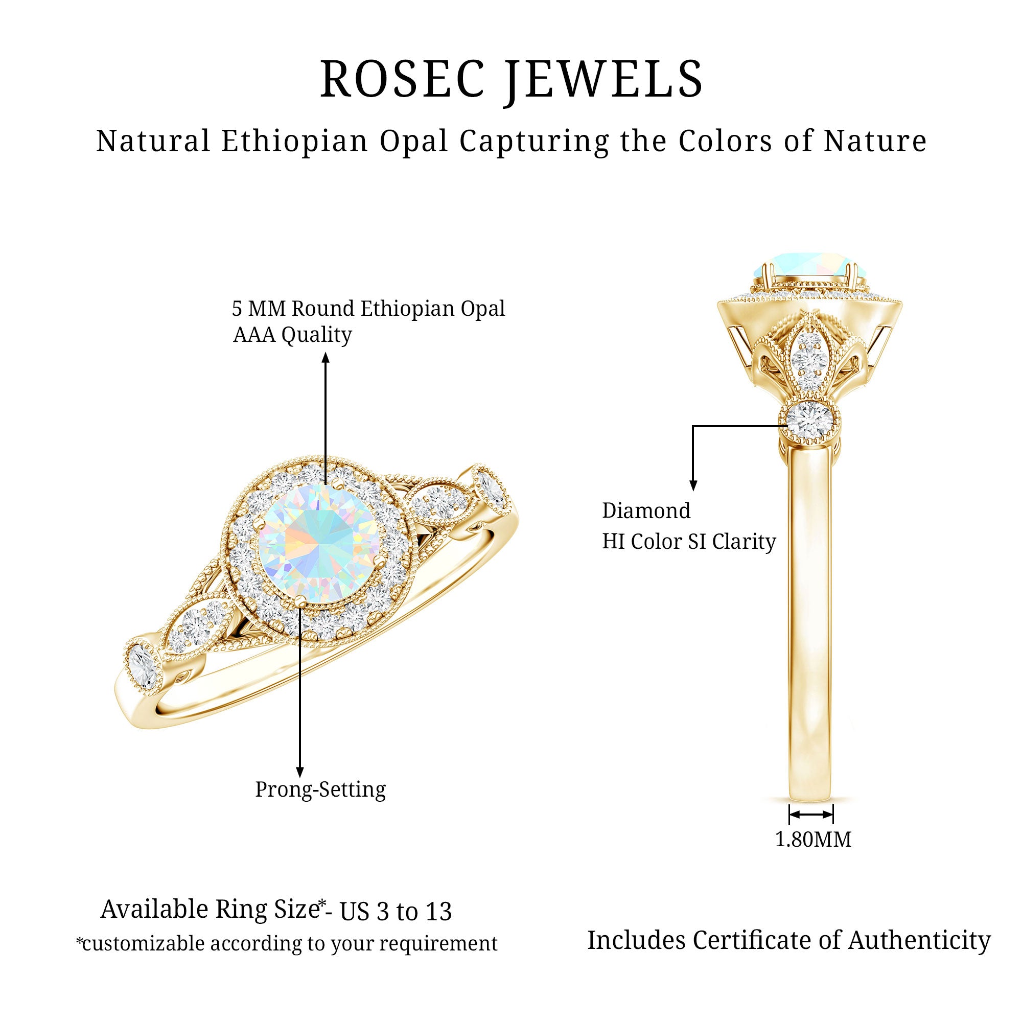 Genuine Ethiopian Opal Antique Looking Engagement Ring with Diamond Halo AAA - Rosec Jewels