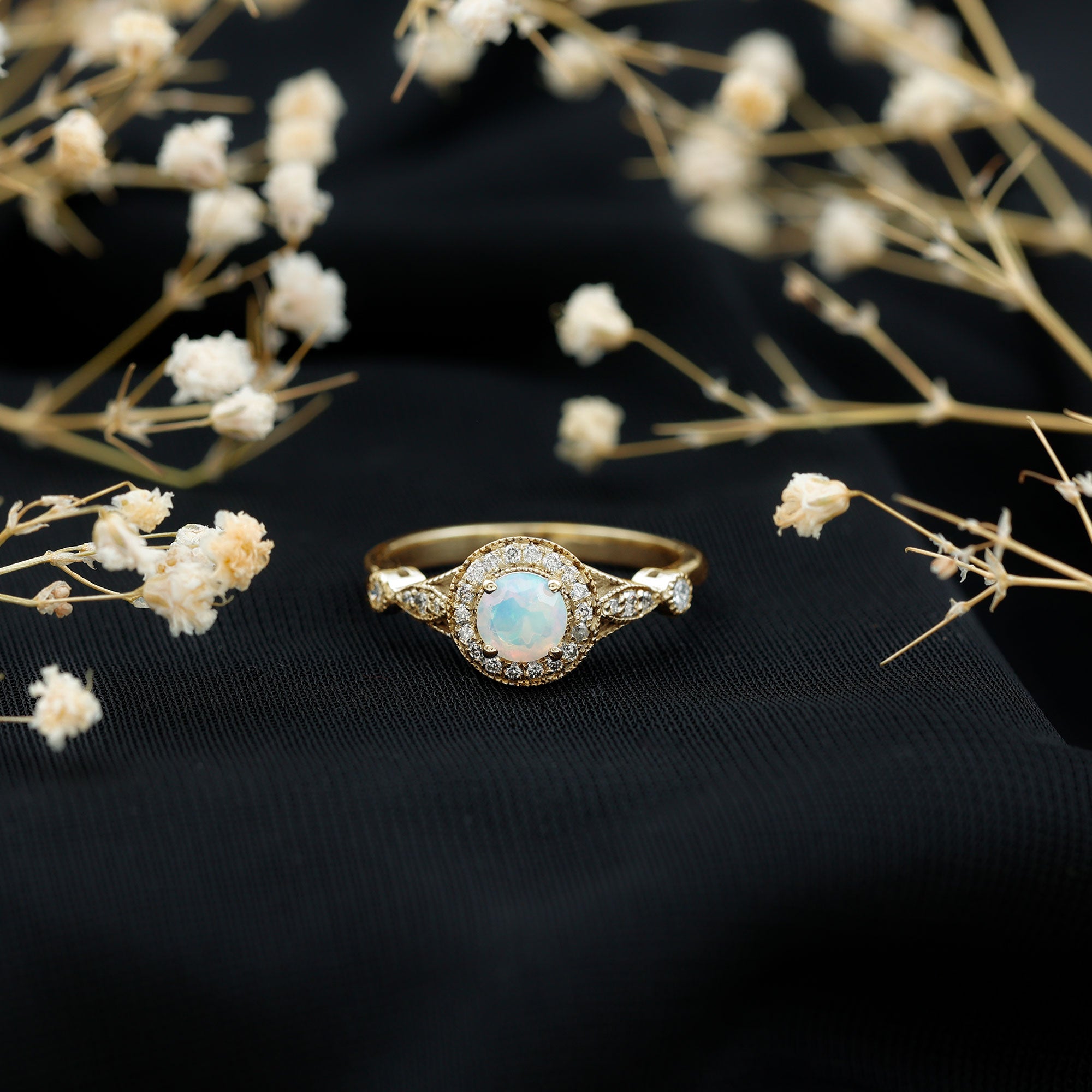 Genuine Ethiopian Opal Antique Looking Engagement Ring with Diamond Halo AAA - Rosec Jewels