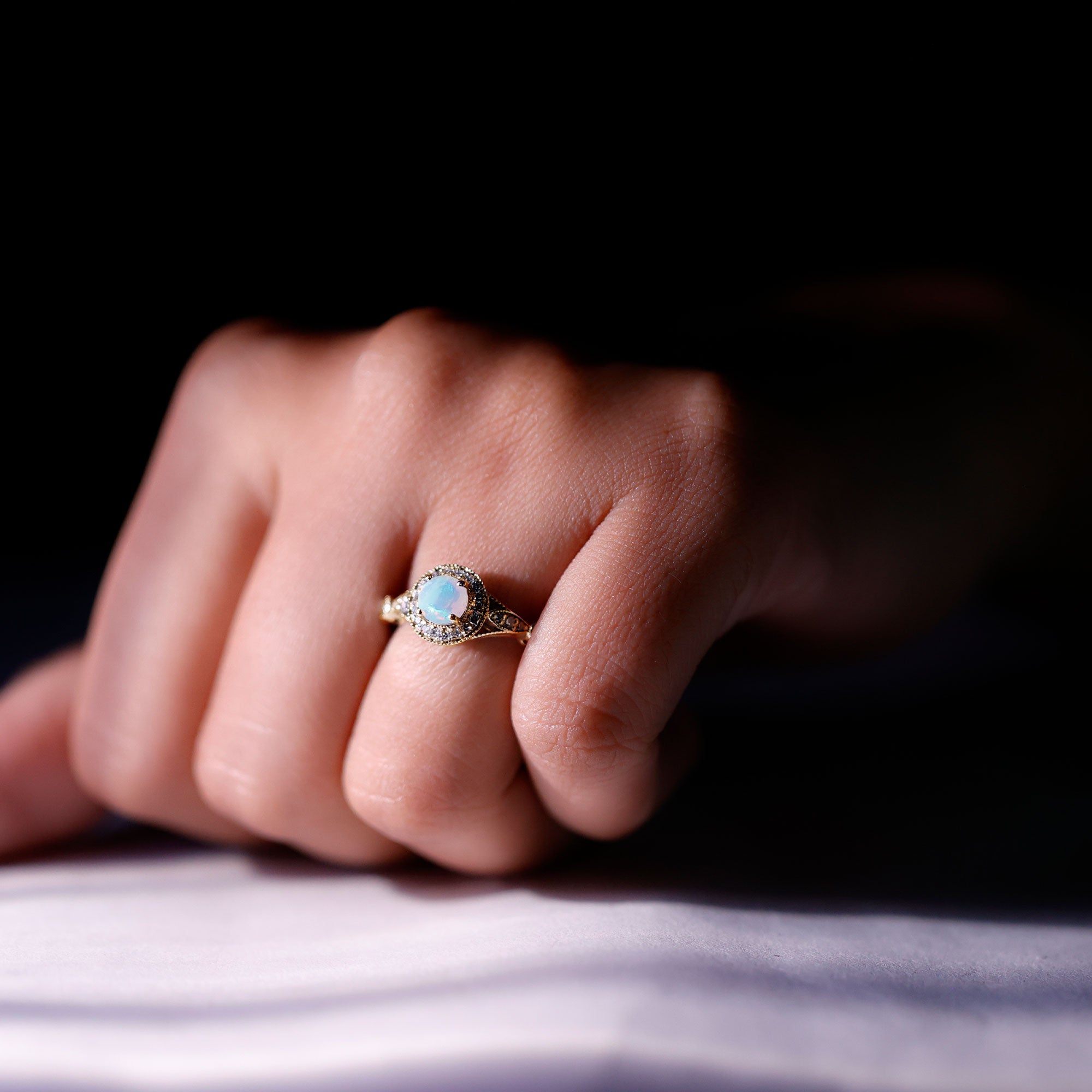 Genuine Ethiopian Opal Antique Looking Engagement Ring with Diamond Halo AAA - Rosec Jewels