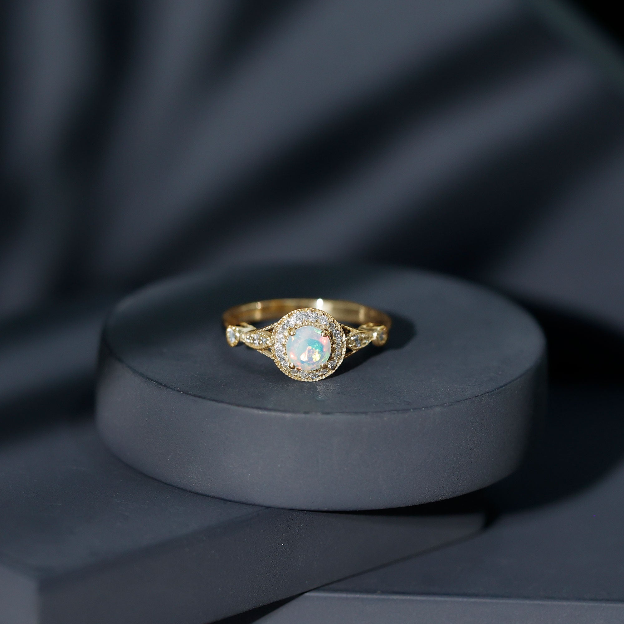 Genuine Ethiopian Opal Antique Looking Engagement Ring with Diamond Halo AAA - Rosec Jewels