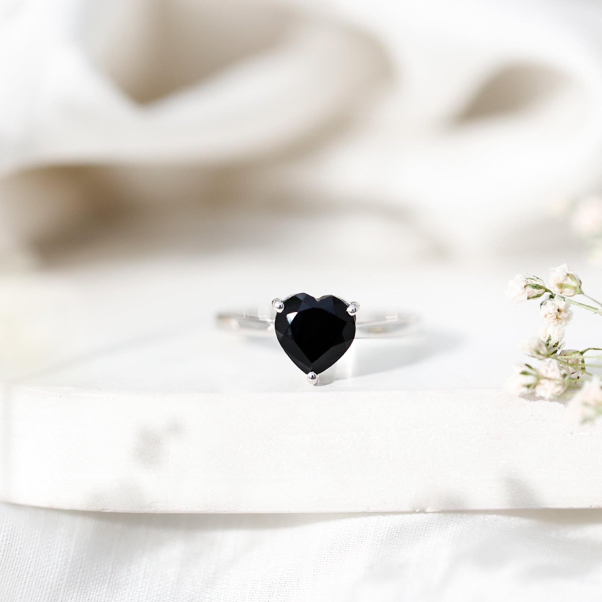 Solitaire Black Onyx Heart Promise Ring for Women AAA - Rosec Jewels