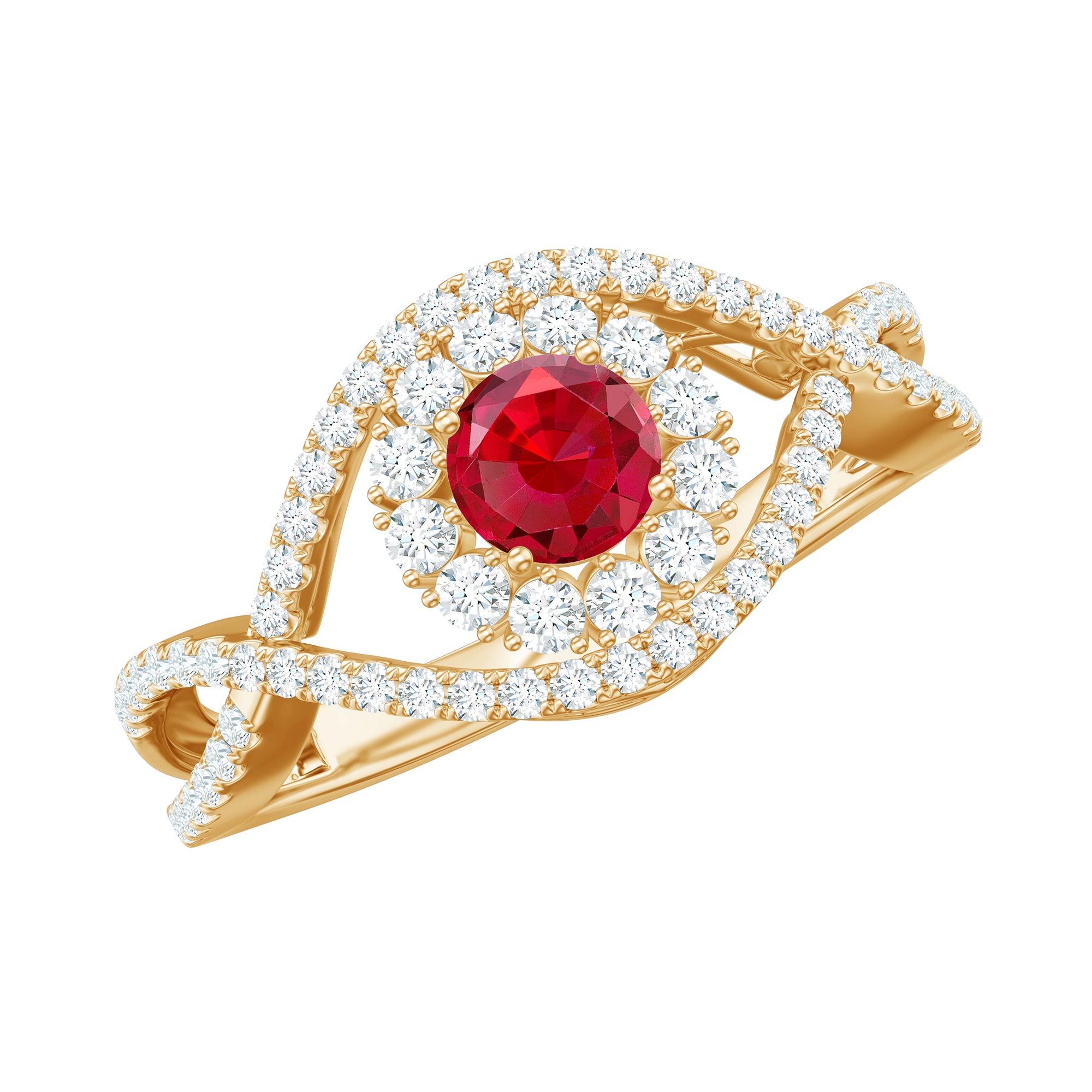 Certified Lab Ruby and Diamond Crossover Engagement Ring with Halo AAAA - Rosec Jewels