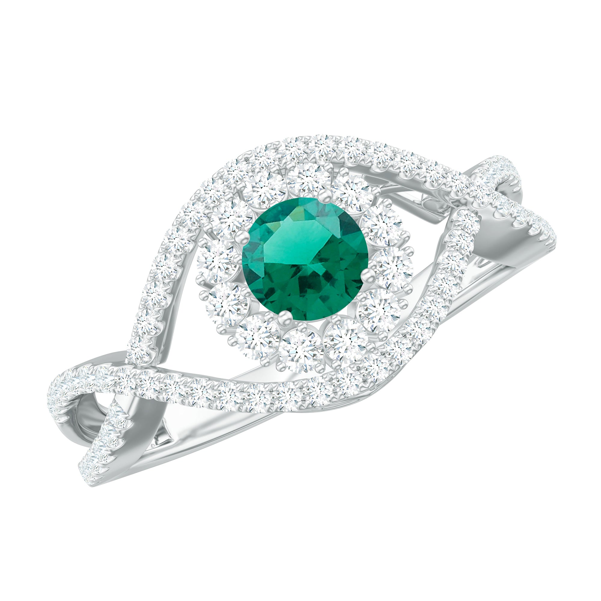 Certified Lab Grown Emerald Diamond Halo Engagement Ring with Crossover Shank AAAA - Rosec Jewels