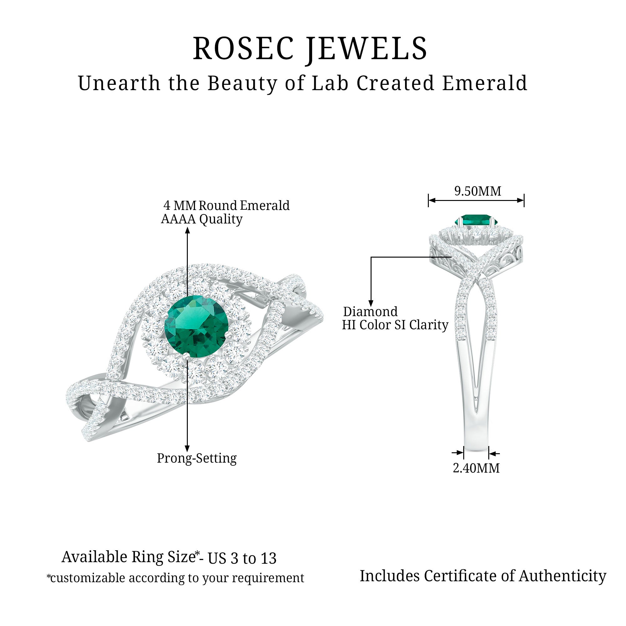 Certified Lab Grown Emerald Diamond Halo Engagement Ring with Crossover Shank AAAA - Rosec Jewels