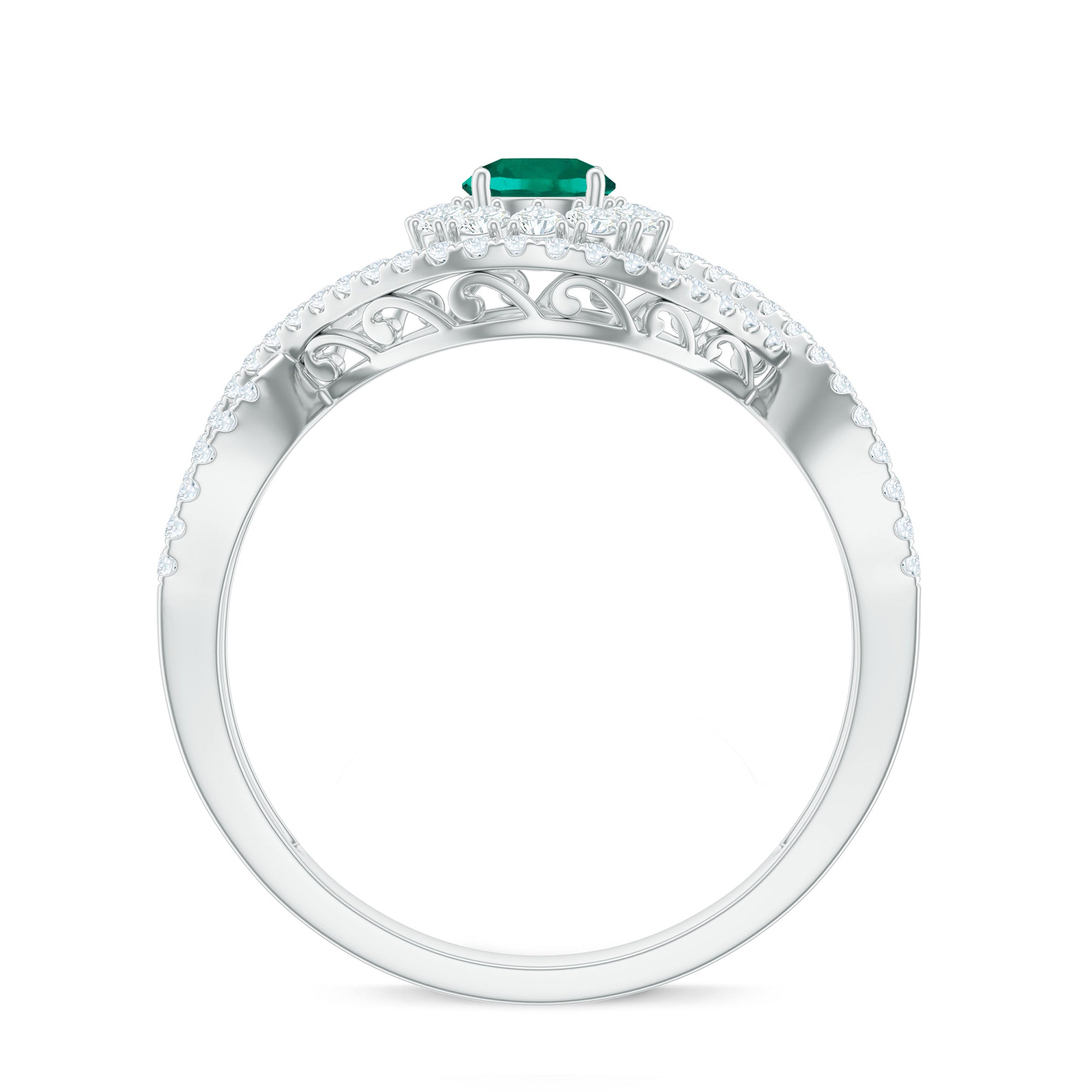Certified Lab Grown Emerald Diamond Halo Engagement Ring with Crossover Shank AAAA - Rosec Jewels