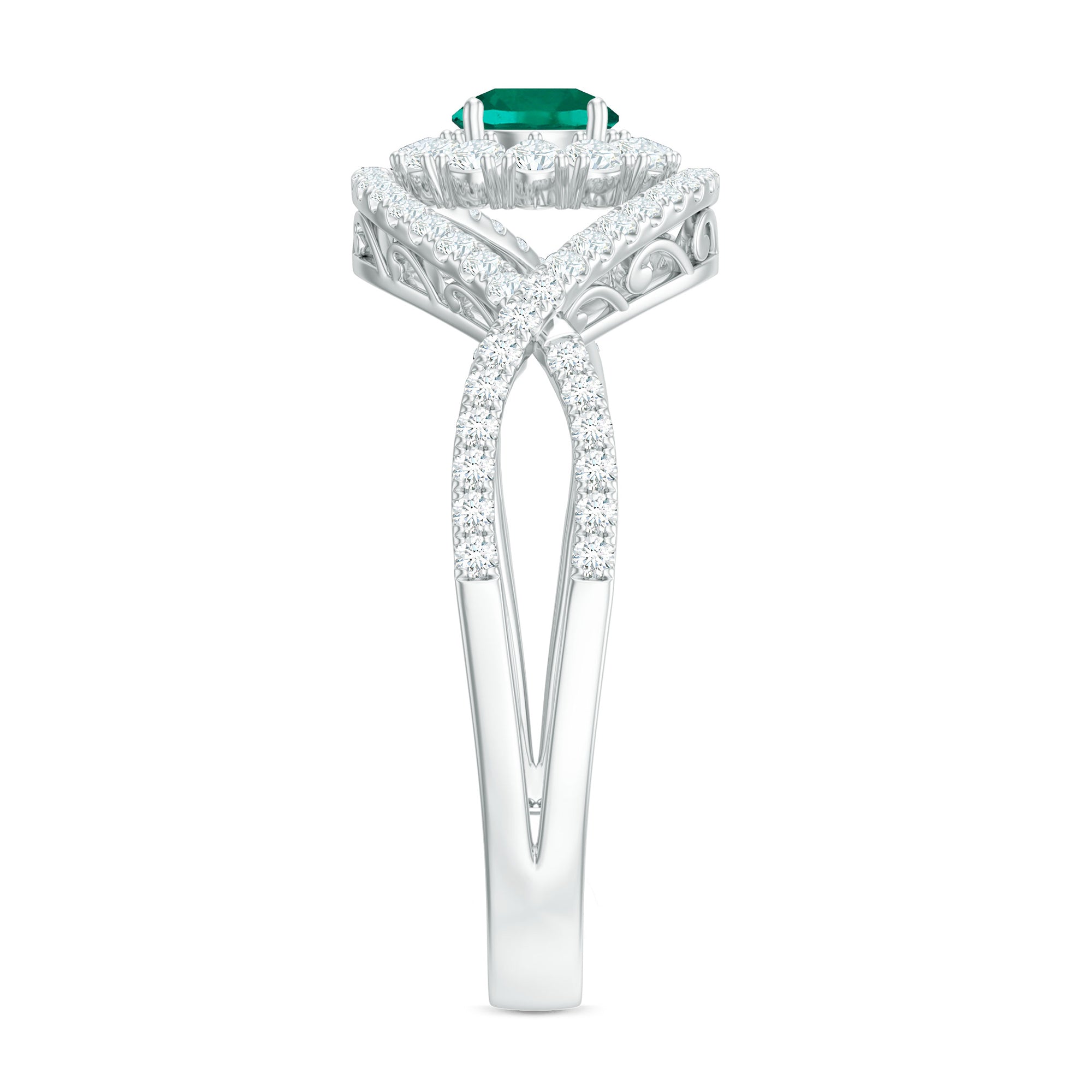 Certified Lab Grown Emerald Diamond Halo Engagement Ring with Crossover Shank AAAA - Rosec Jewels