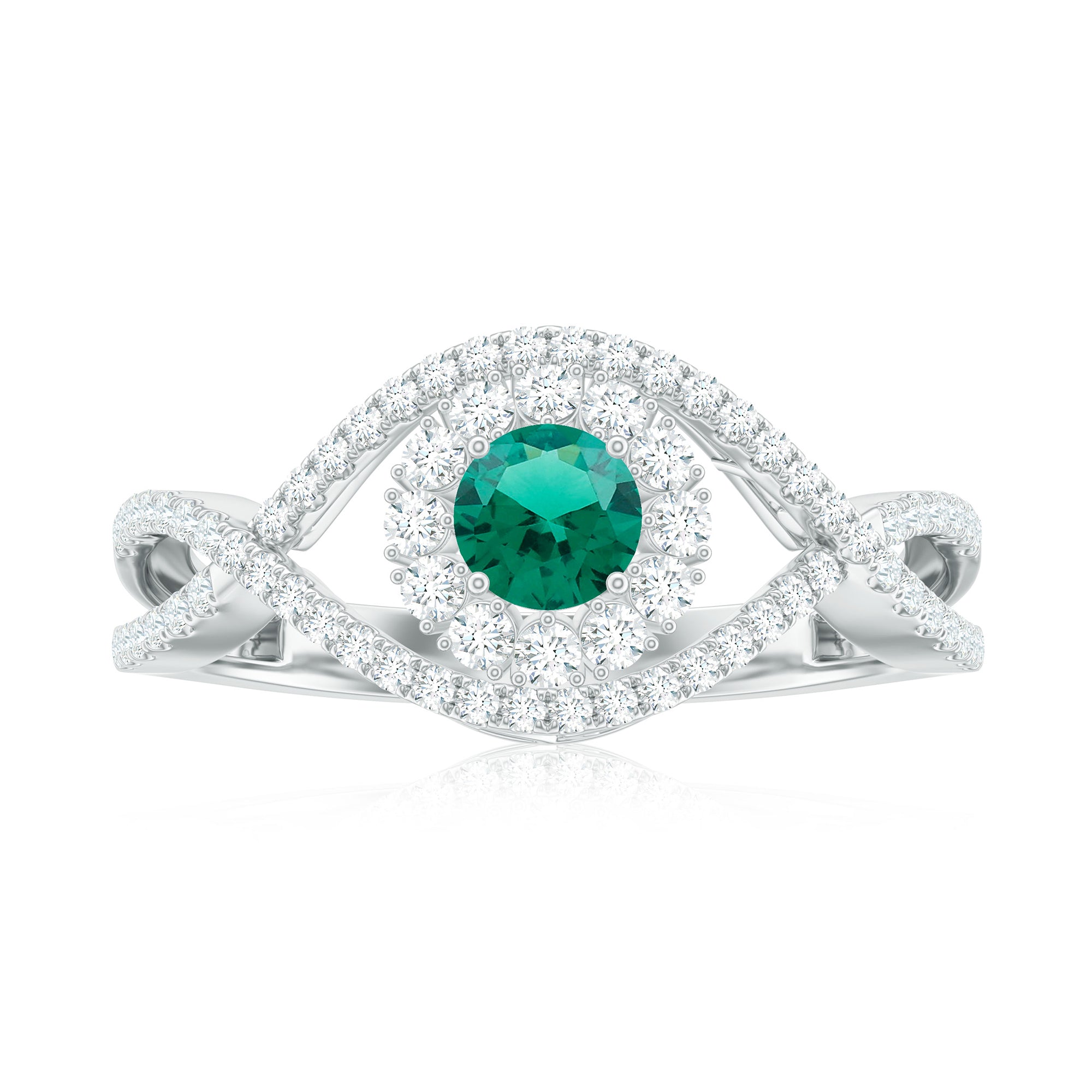 Certified Lab Grown Emerald Diamond Halo Engagement Ring with Crossover Shank AAAA - Rosec Jewels