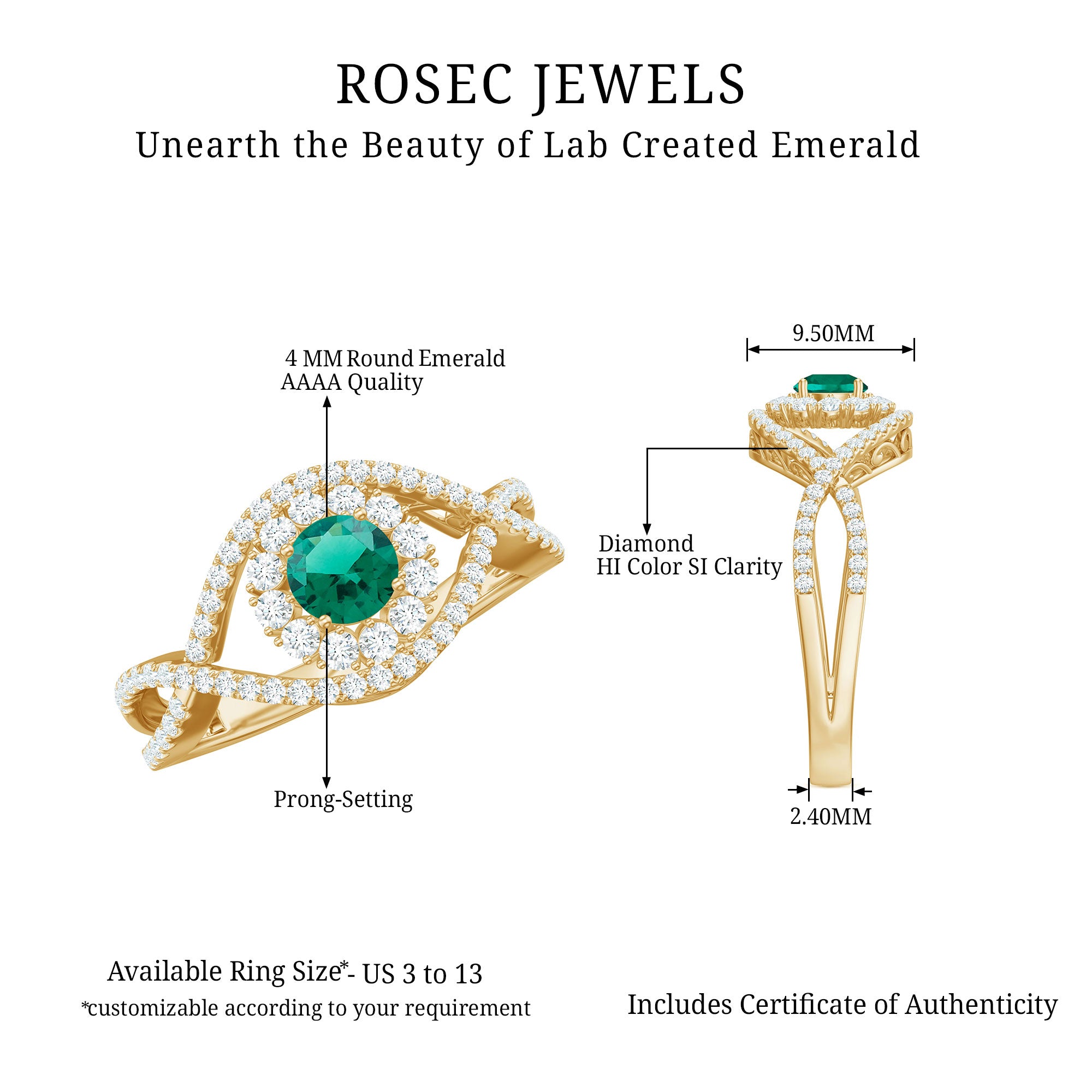 Certified Lab Grown Emerald Diamond Halo Engagement Ring with Crossover Shank AAAA - Rosec Jewels