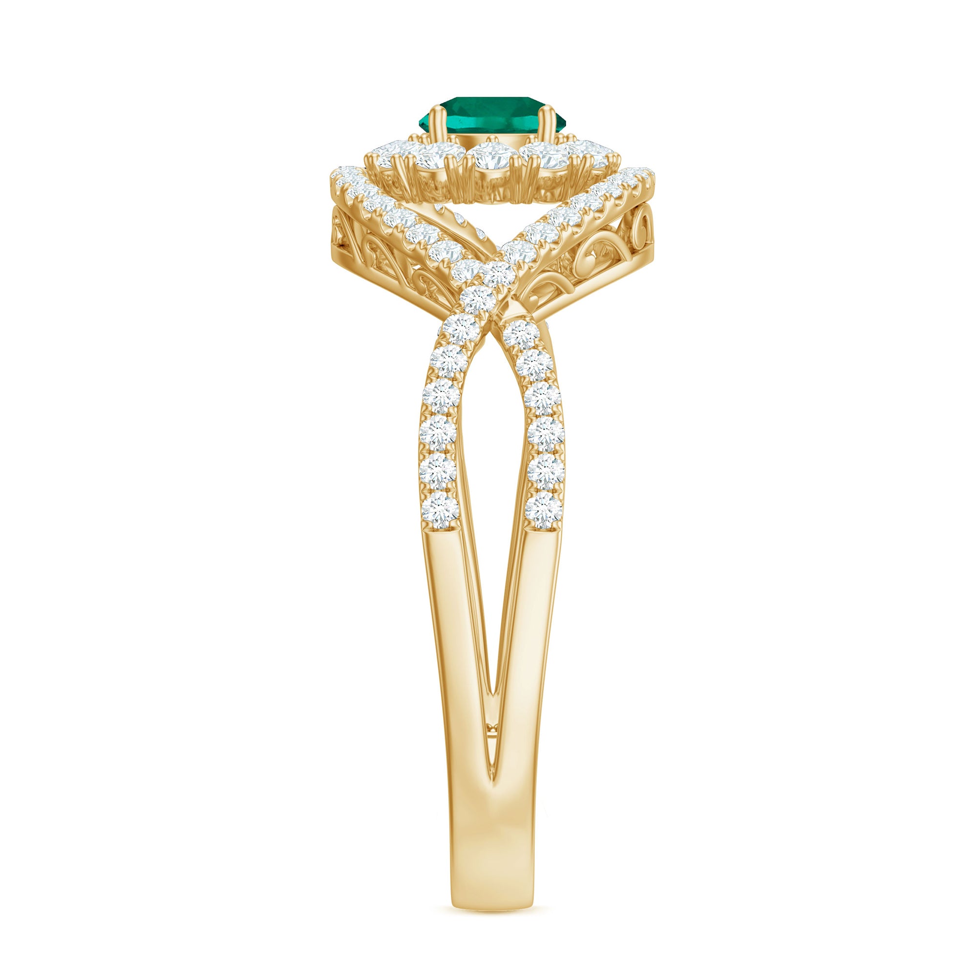 Certified Lab Grown Emerald Diamond Halo Engagement Ring with Crossover Shank AAAA - Rosec Jewels