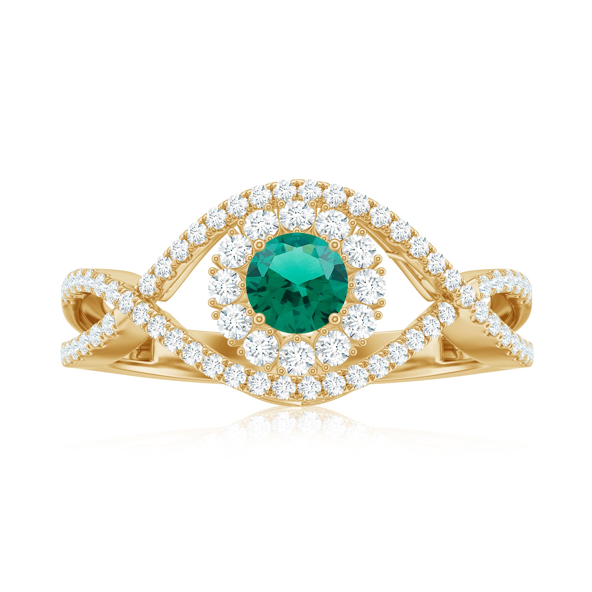 Certified Lab Grown Emerald Diamond Halo Engagement Ring with Crossover Shank AAAA - Rosec Jewels