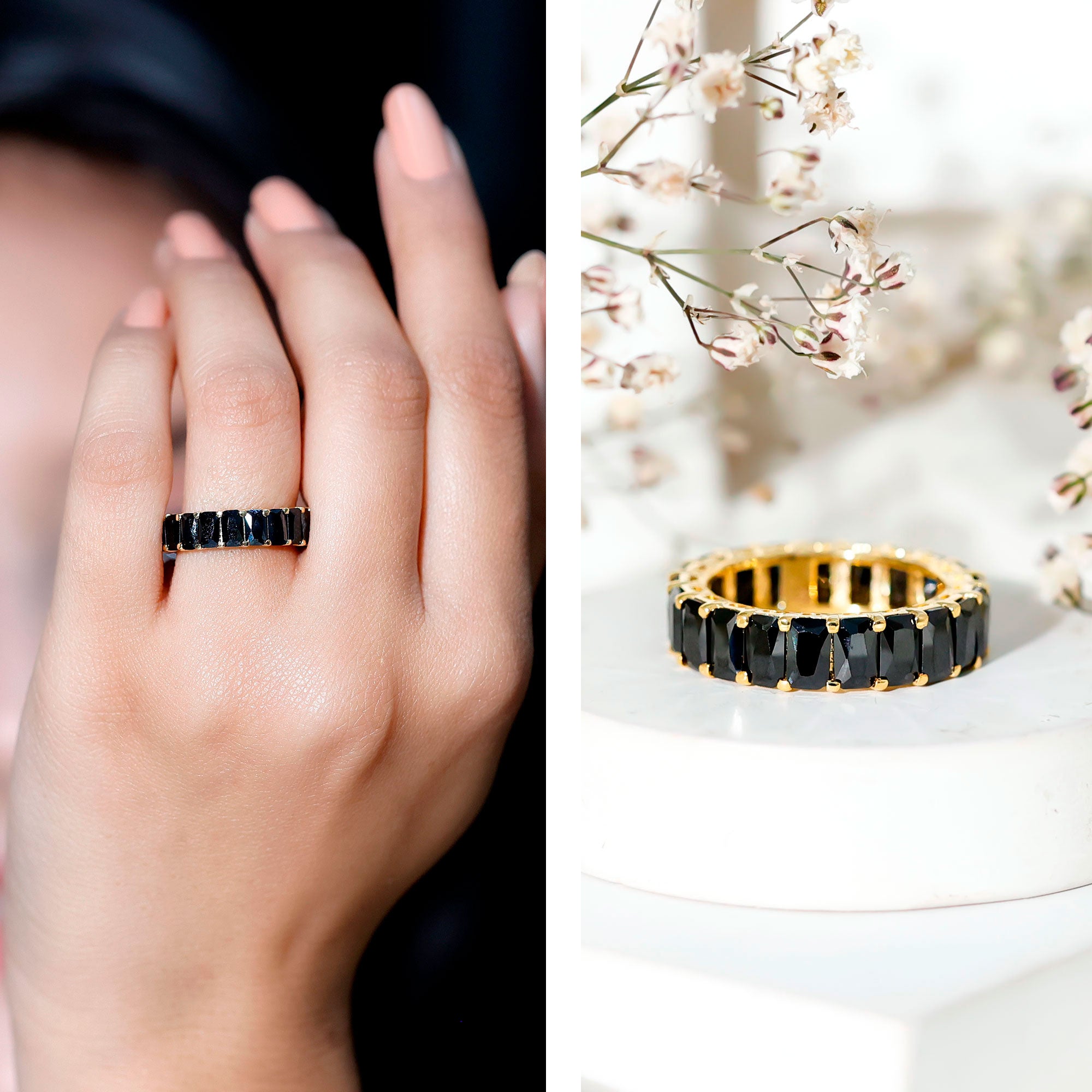 Black Onyx Emerald Cut Eternity Band in Shared Prong Setting AAA - Rosec Jewels