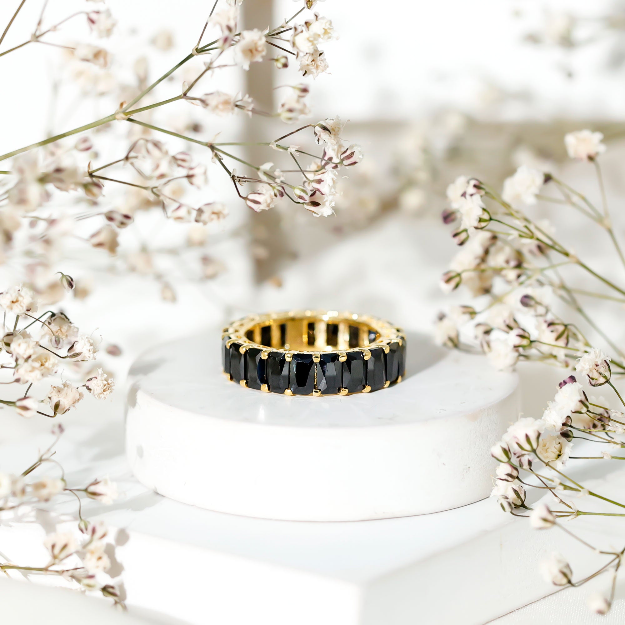 Black Onyx Emerald Cut Eternity Band in Shared Prong Setting AAA - Rosec Jewels