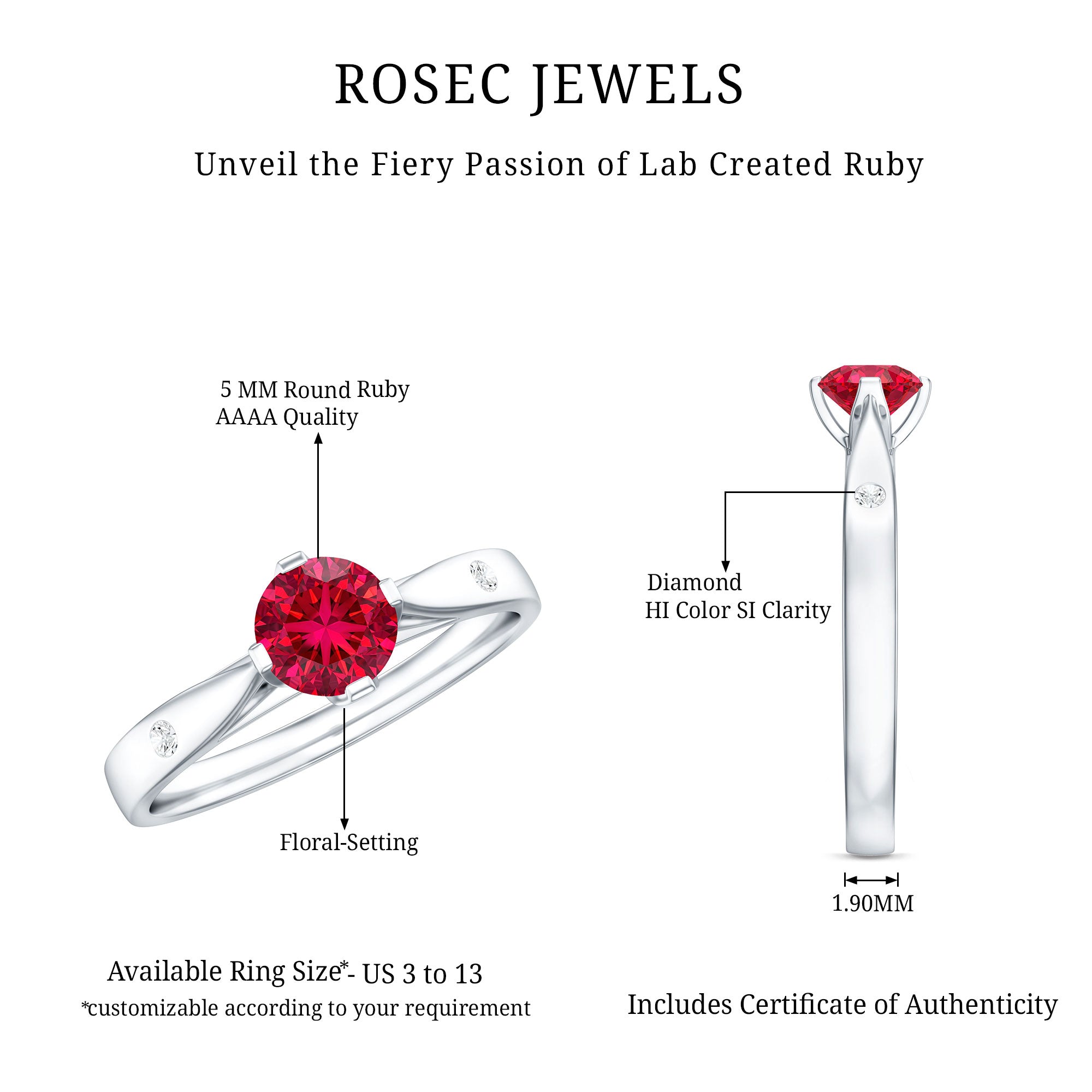 Round Lab Grown Ruby Solitaire Ring with Diamond AAAA - Rosec Jewels