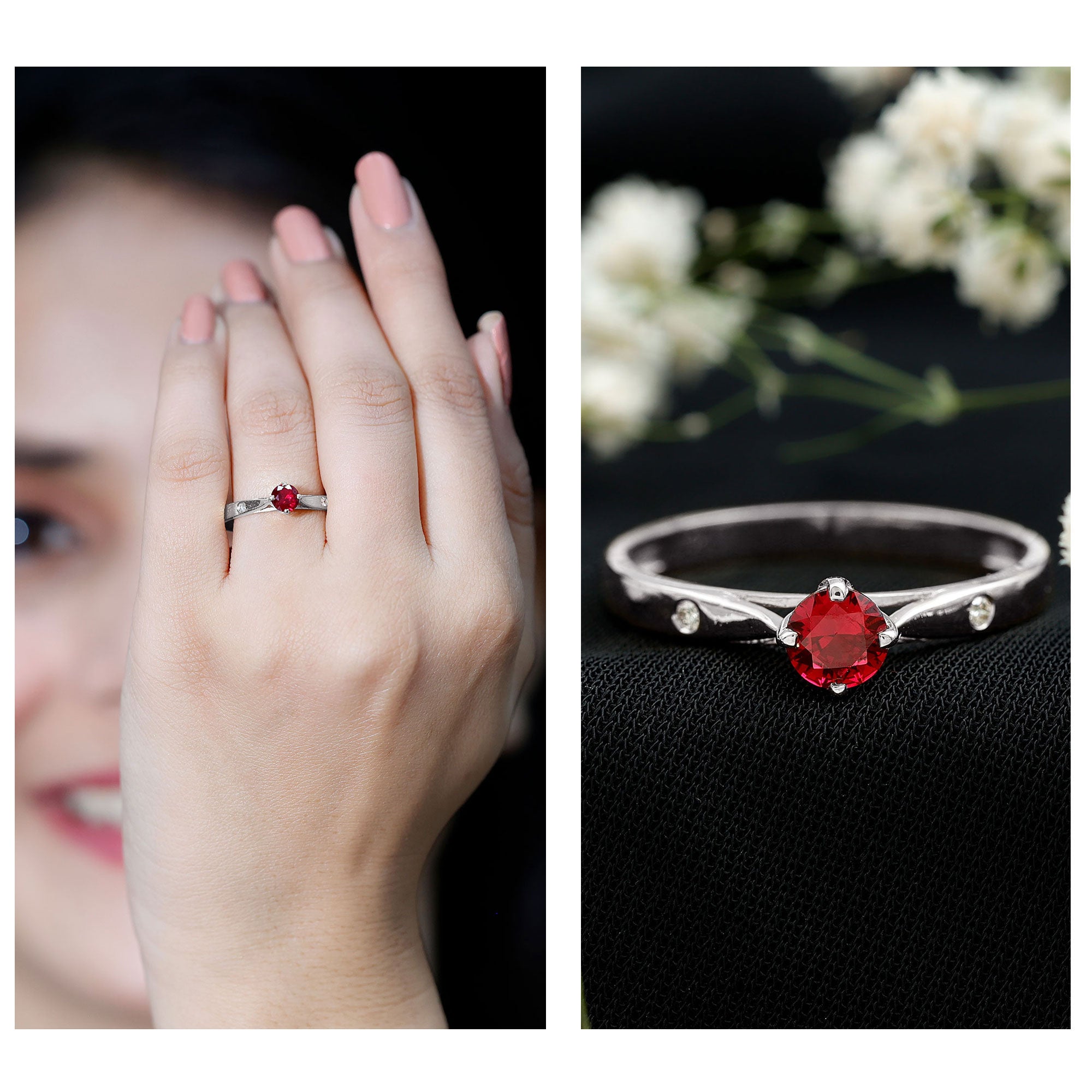 Round Lab Grown Ruby Solitaire Ring with Diamond AAAA - Rosec Jewels