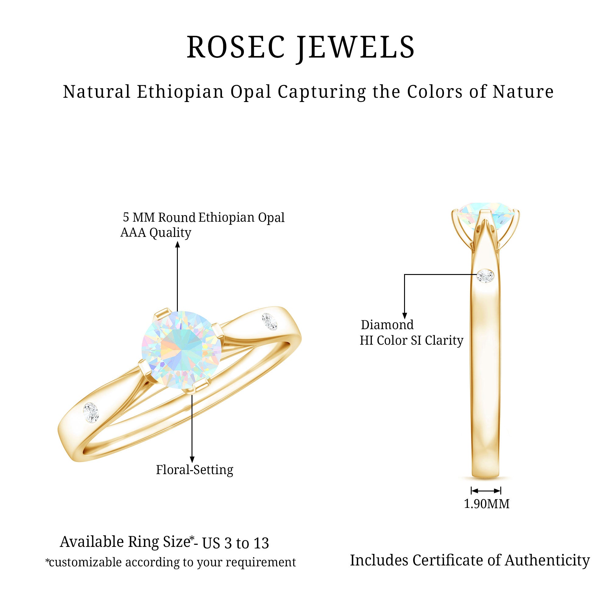 Natural Solitaire Ethiopian Opal Promise Ring with Diamond AAA - Rosec Jewels