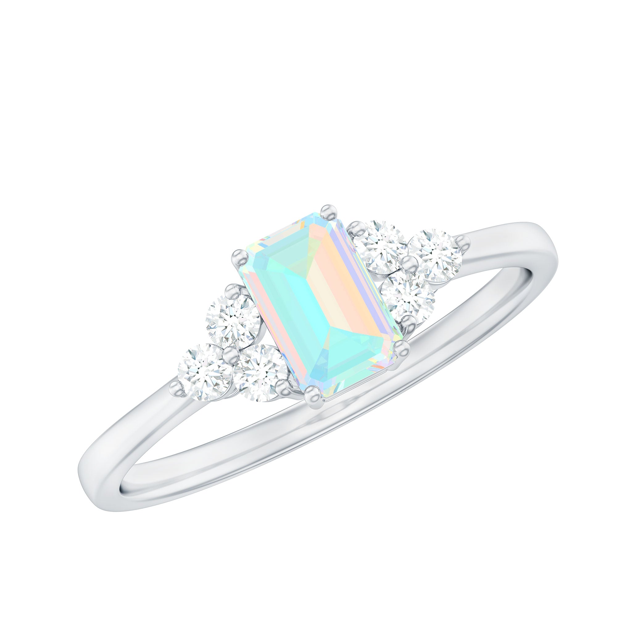 Certified Real Ethiopian Rainbow Opal Emerald Cut Engagement Ring with Diamond Trio