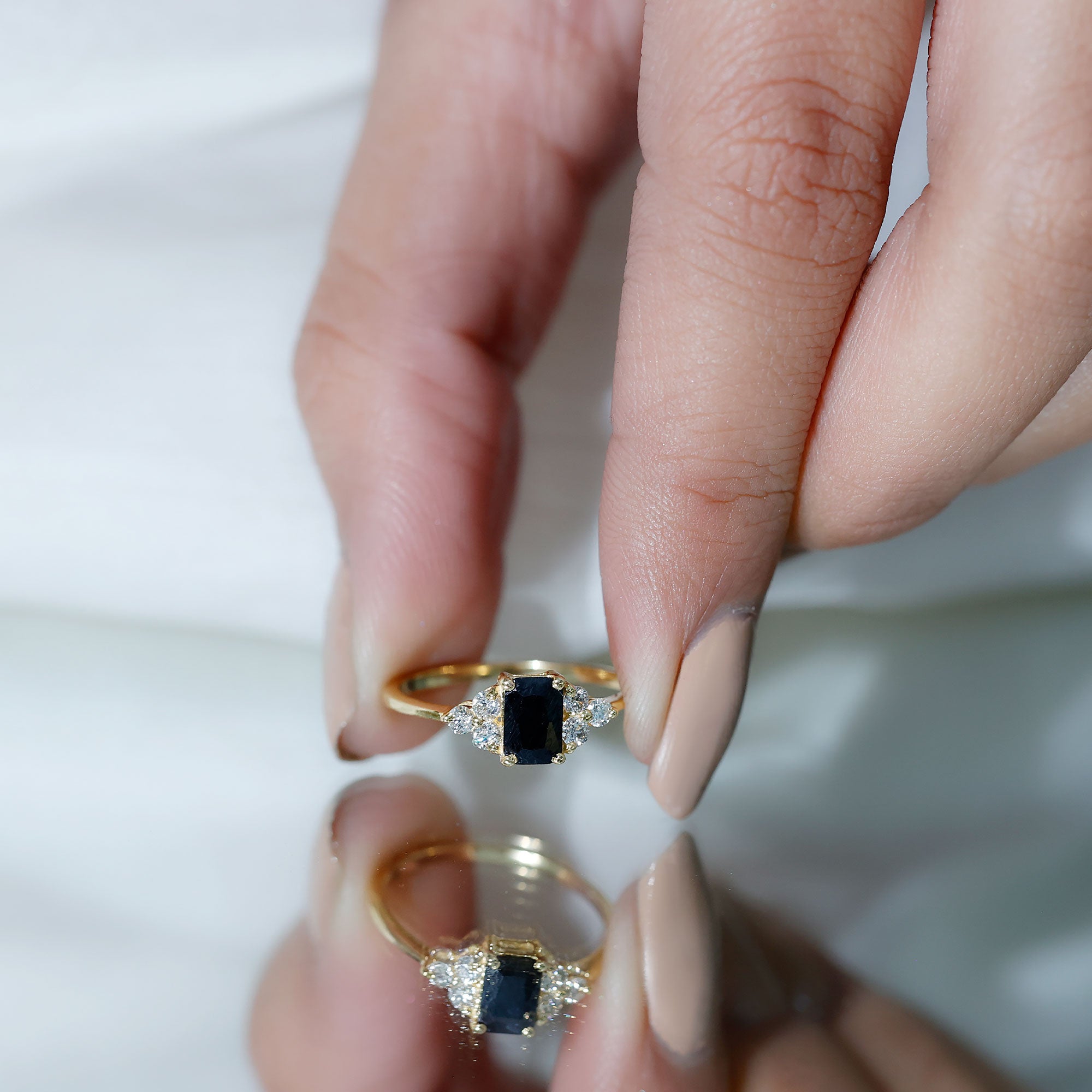 Emerald Cut Created Black Diamond Solitaire Ring with Diamond Trio AAAA ( Synthetic ) - Rosec Jewels