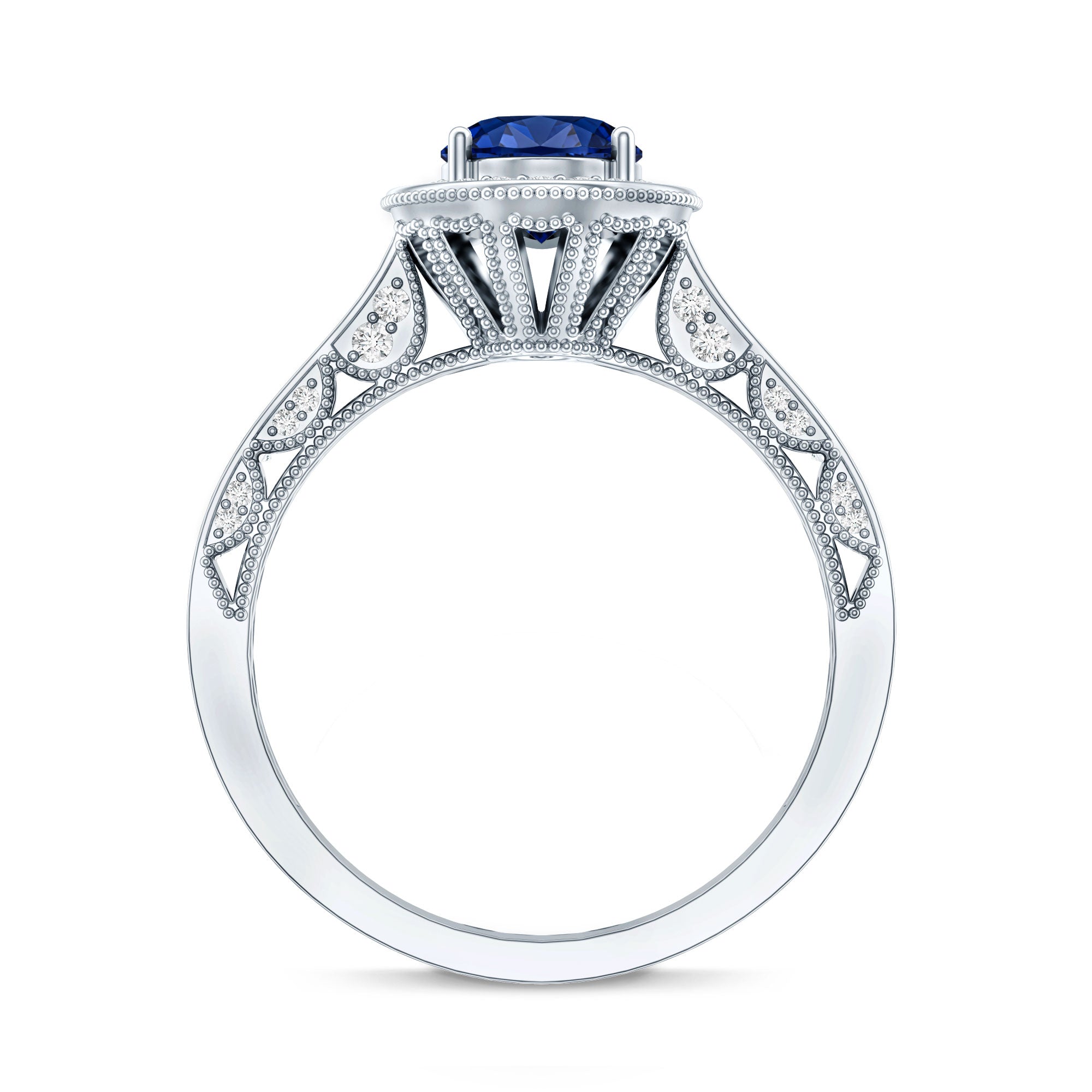 Certified 1.5 Carat Lab Grown Blue Sapphire Engagement Ring with Diamond Halo AAAA - Rosec Jewels
