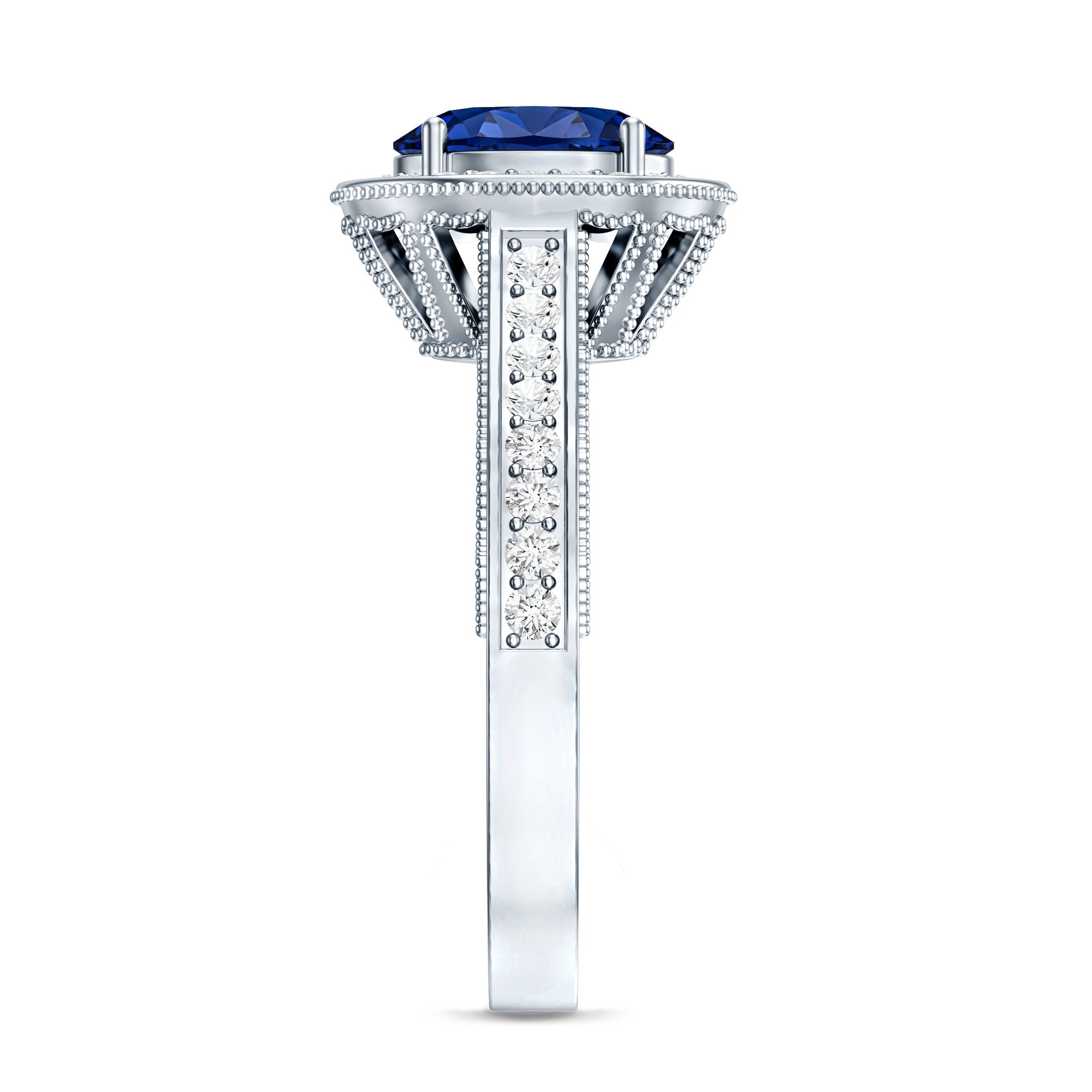 Certified 1.5 Carat Lab Grown Blue Sapphire Engagement Ring with Diamond Halo AAAA - Rosec Jewels