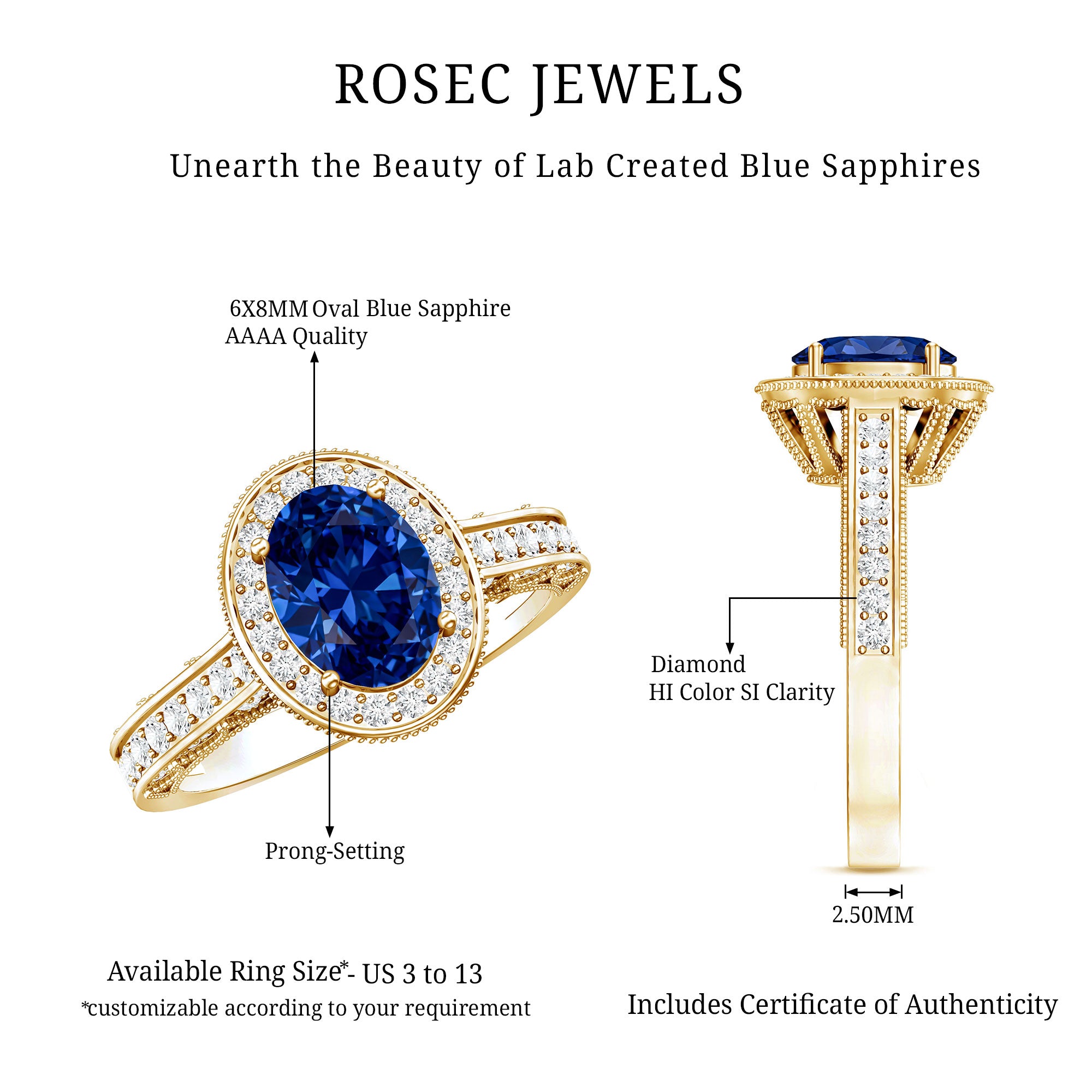 Certified 1.5 Carat Lab Grown Blue Sapphire Engagement Ring with Diamond Halo AAAA - Rosec Jewels