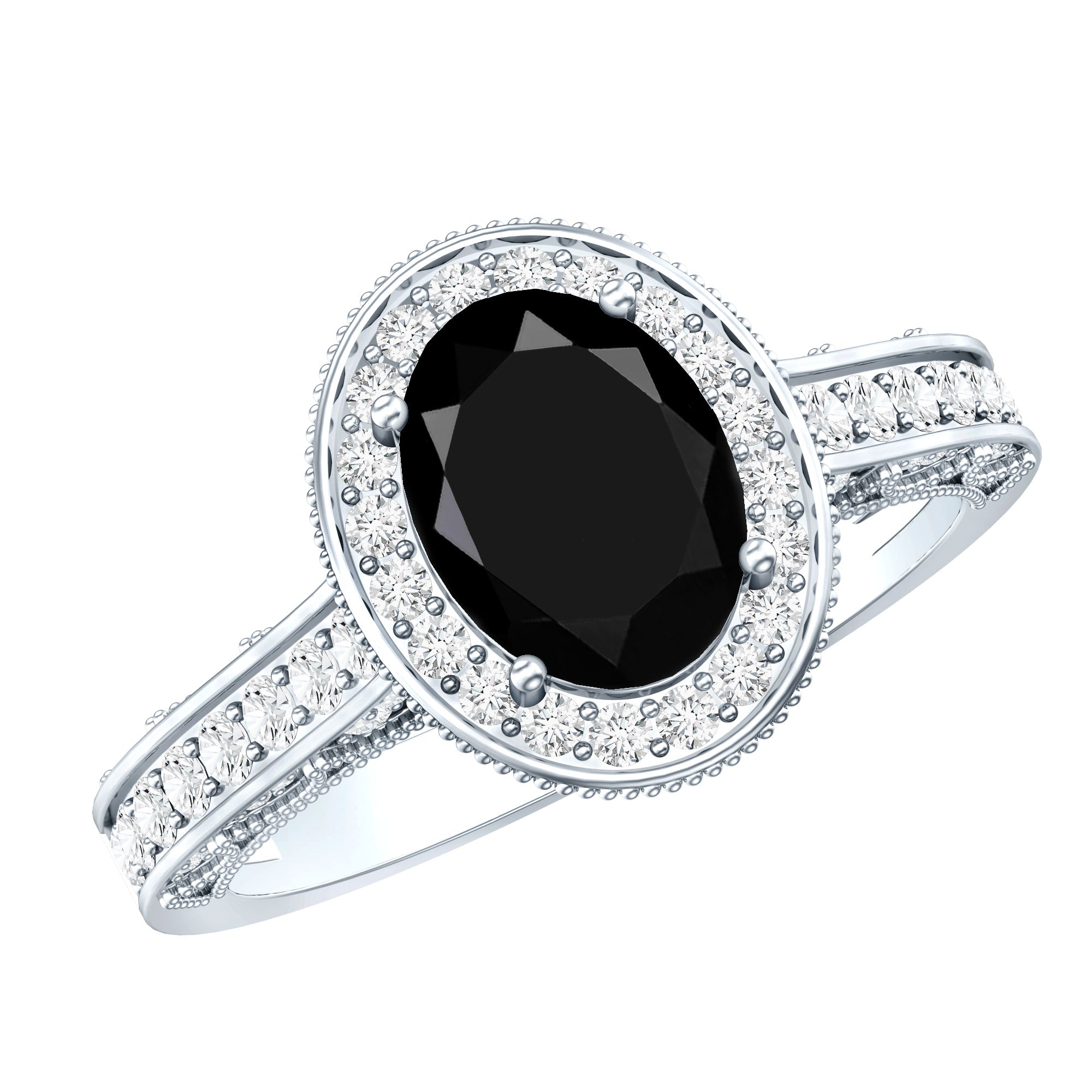 Vintage Inspired Black Onyx Oval Engagement Ring with Diamond Halo AAA - Rosec Jewels