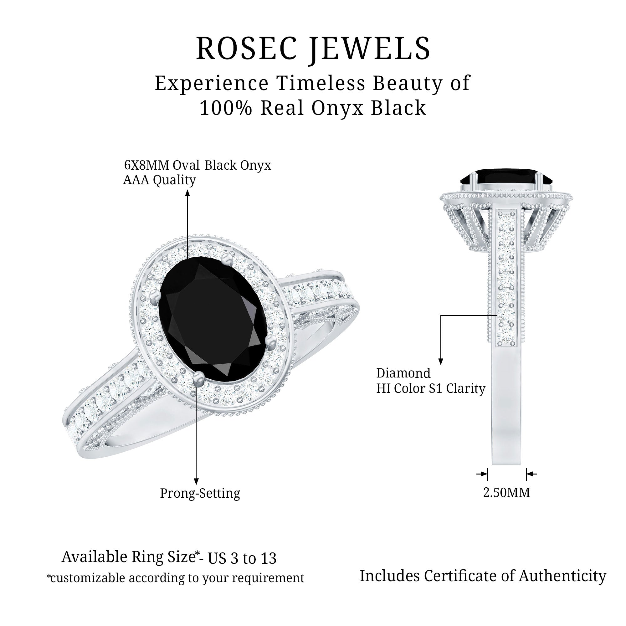 Rosec Jewels-Vintage Inspired Black Onyx Oval Engagement Ring with Diamond Halo