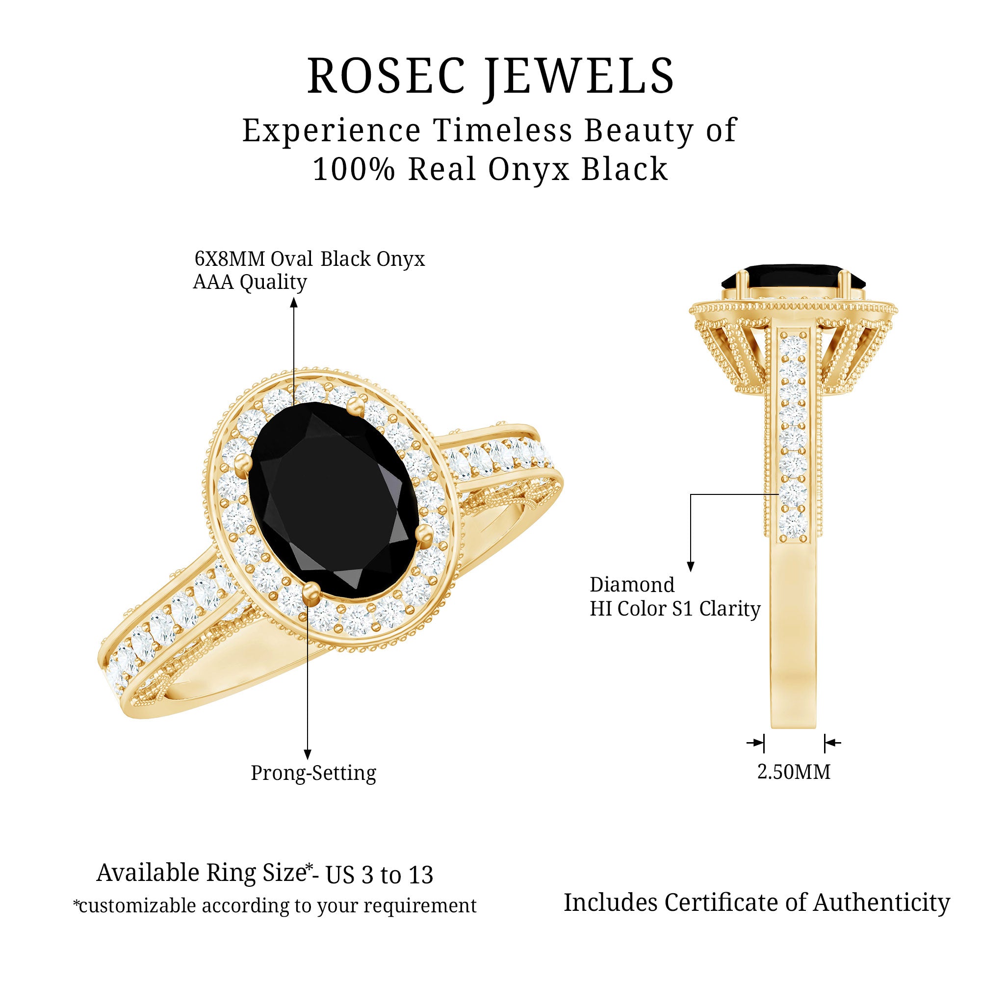 Rosec Jewels-Vintage Inspired Black Onyx Oval Engagement Ring with Diamond Halo